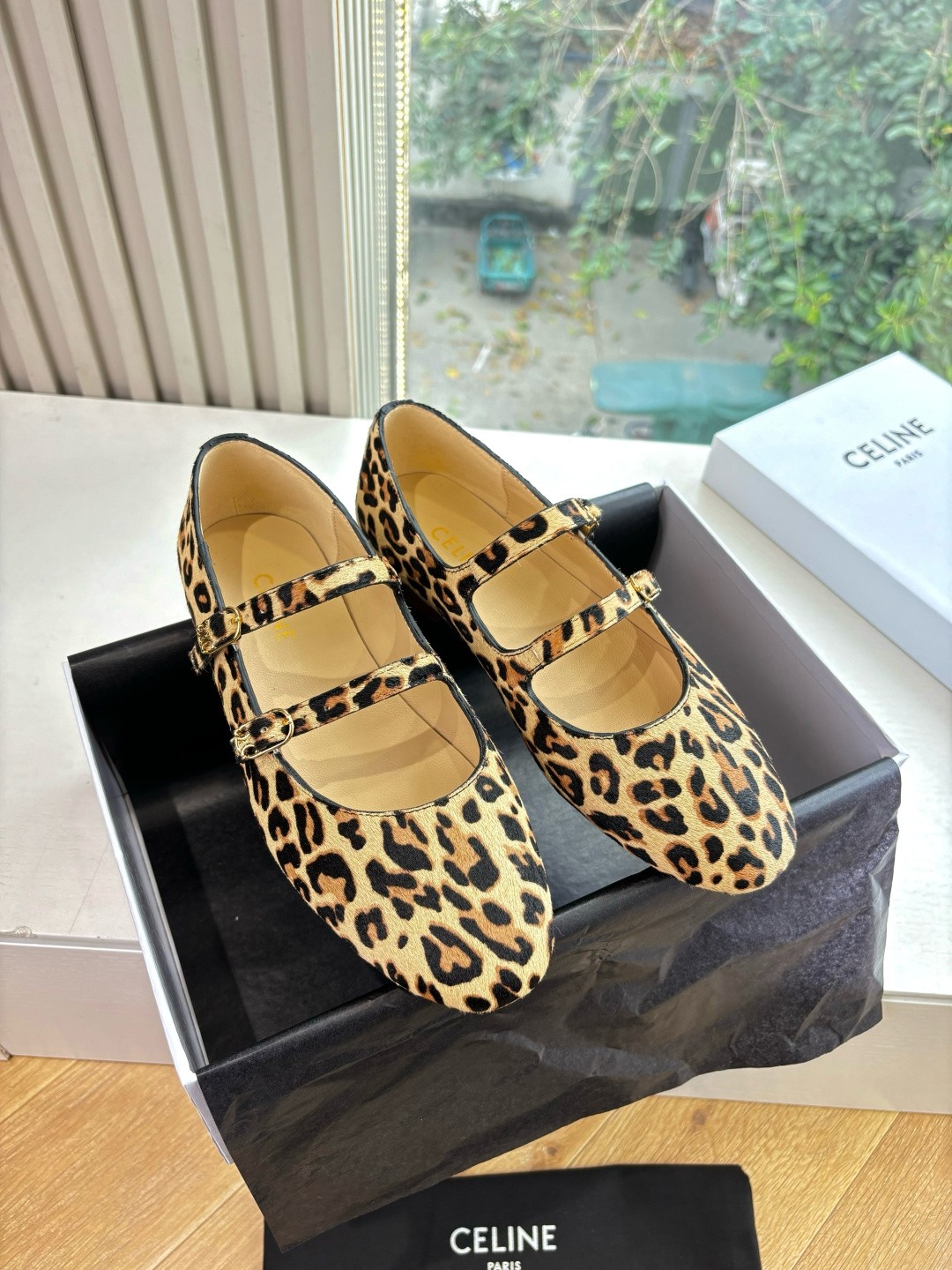 Celine Leopard Print Hair Triomphe Buckle Double Strap Round Toe Mary Jane Flats - KAIROO