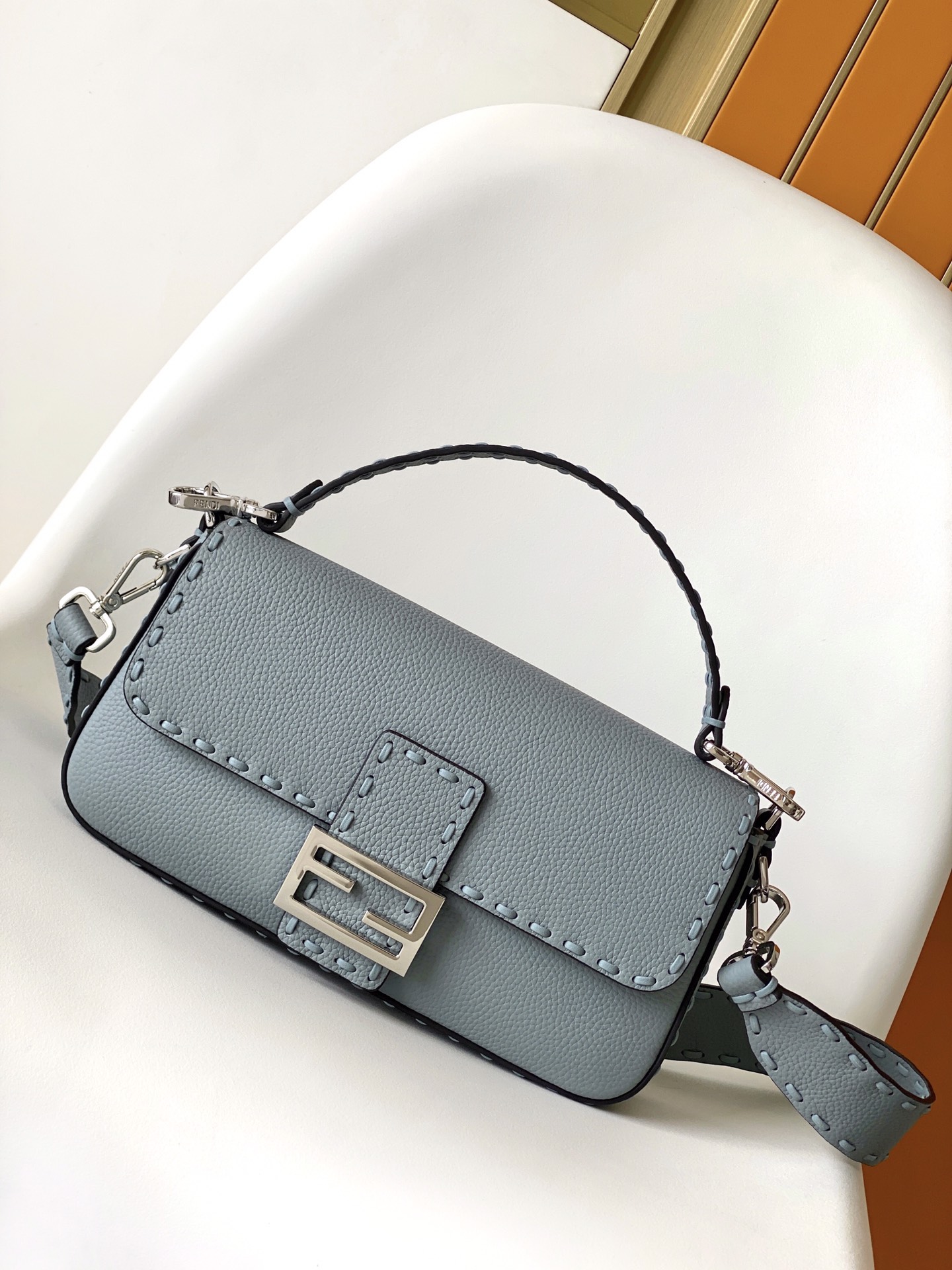 Fendi Medium Selleria Baguette Leather Bag-Blue