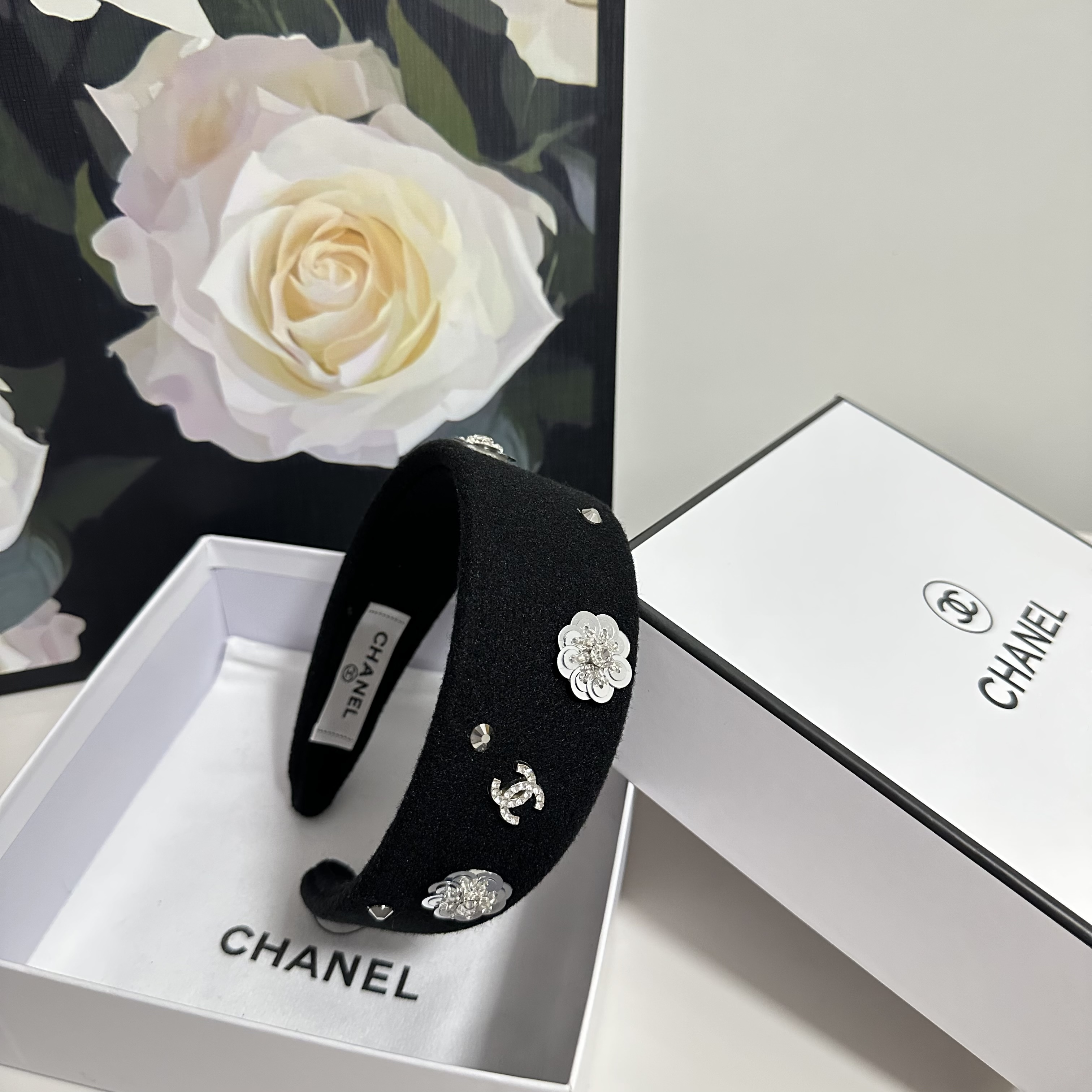 Chanel Black Camellia Hairband