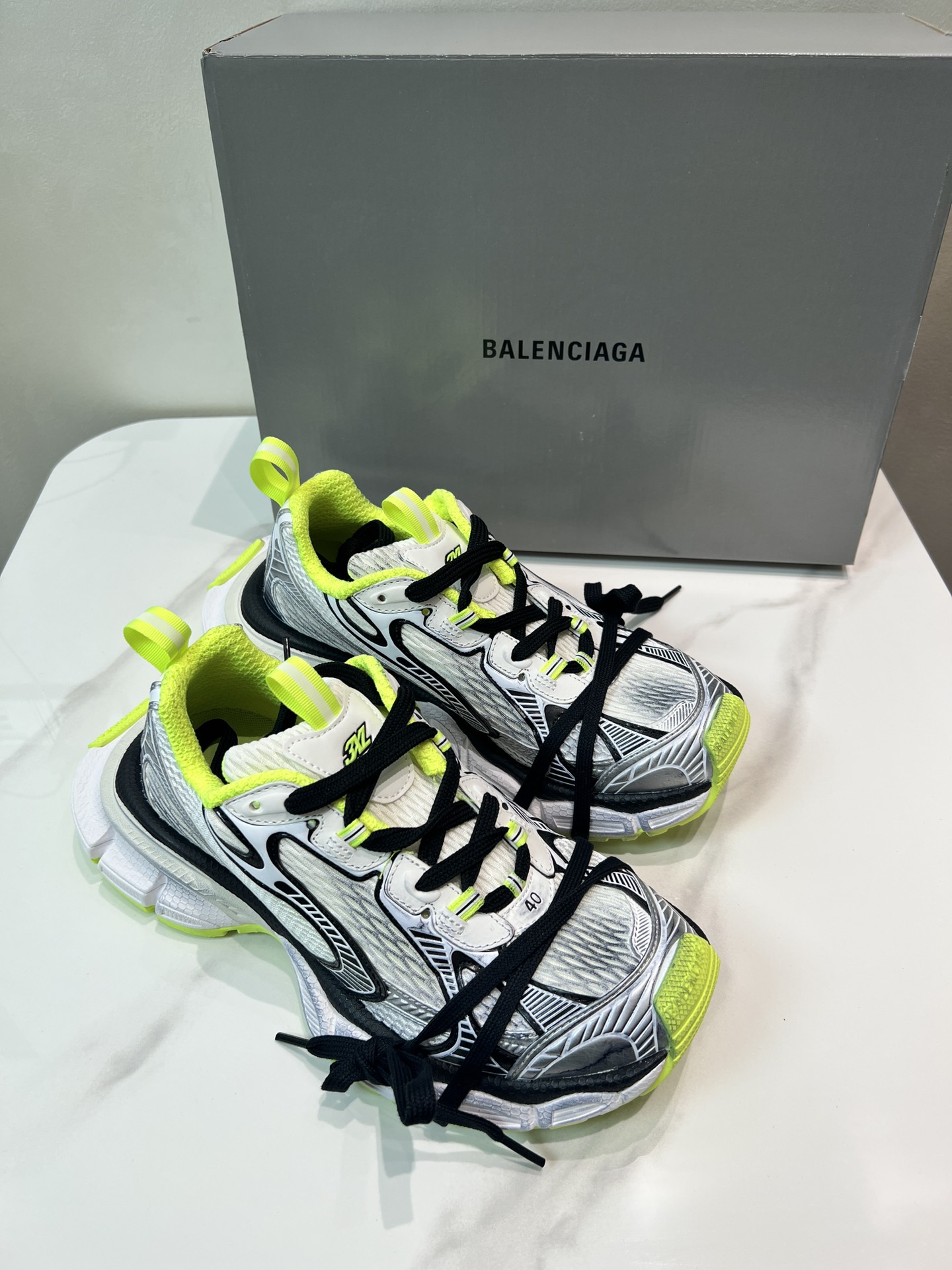 Balenciaga 3XL Silver Neon Green Mesh Polyurethane Wrapped Laces Oversized Chunky Sneakers - KAIROO
