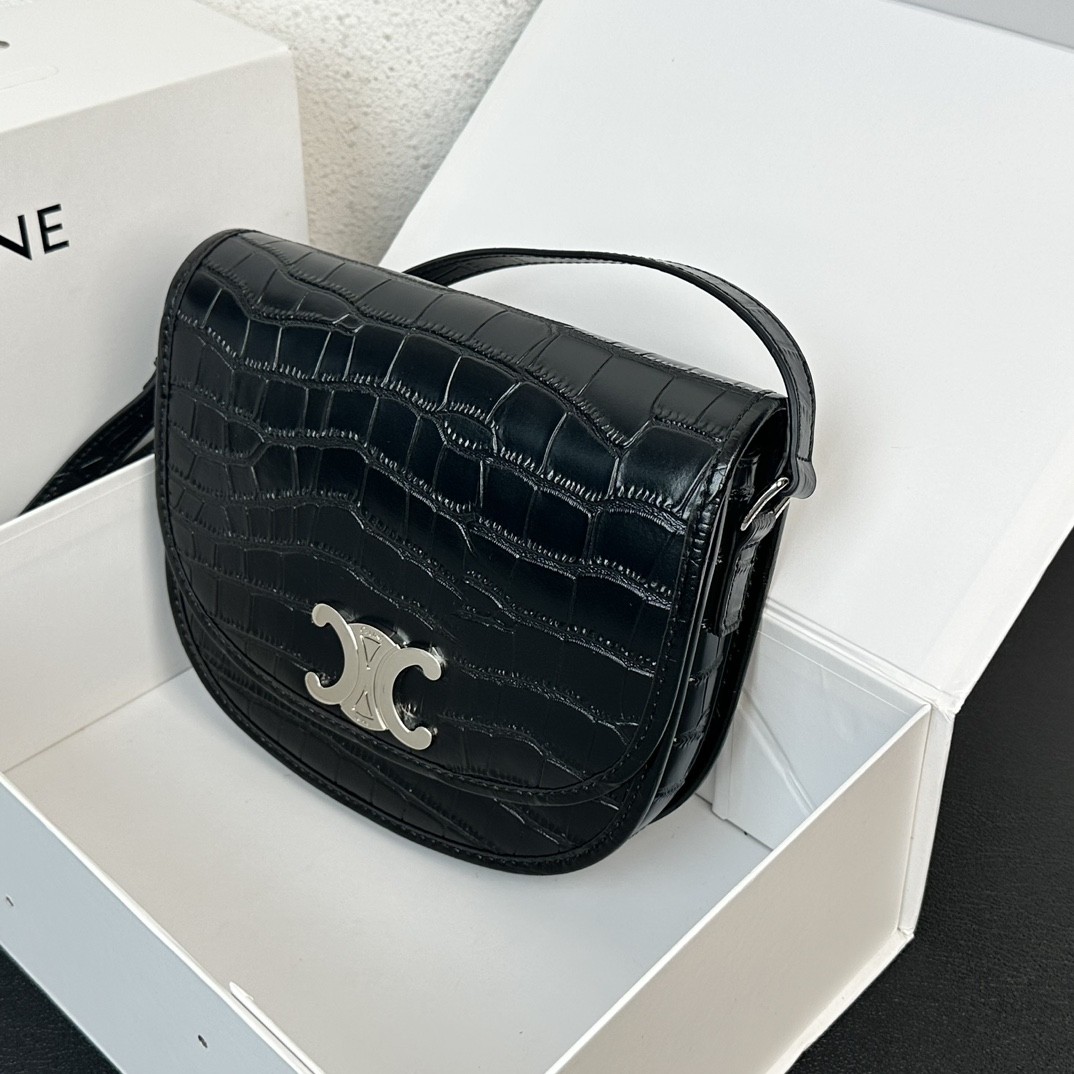 Celine Medium Black Crocodile Embossed Fine Leather Silver Triomphe Clasp Sleek Saddle Bag - KAIROO