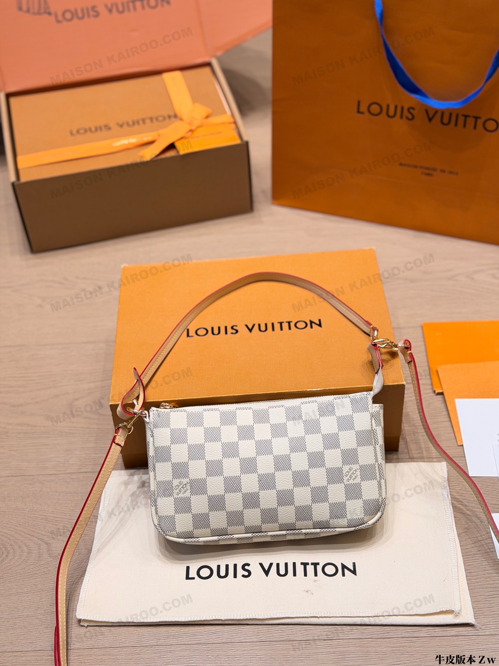Louis Vuitton LV Pochette Accessoires Damier Azur White Canvas Leather Strap PA Pouch Hobo Shoulder Bag - KAIROO