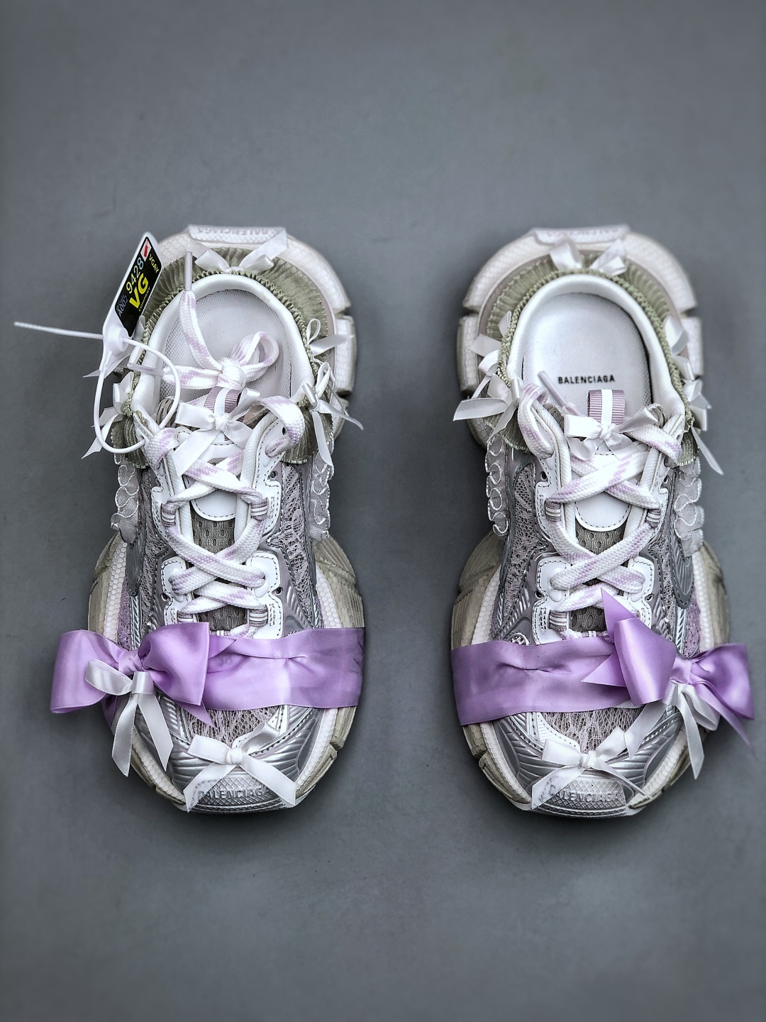 Balenciaga 3XL White Light Purple Lace Satin Bow Slip-On Mule Oversized Chunky Sneaker /10A - KAIROO