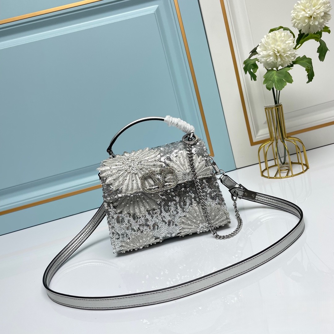 Valentino Loco Silver Mini Sequin 3D Floral Pearl Embroidery Leather Crystal VLogo Top Handle Bag - KAIROO
