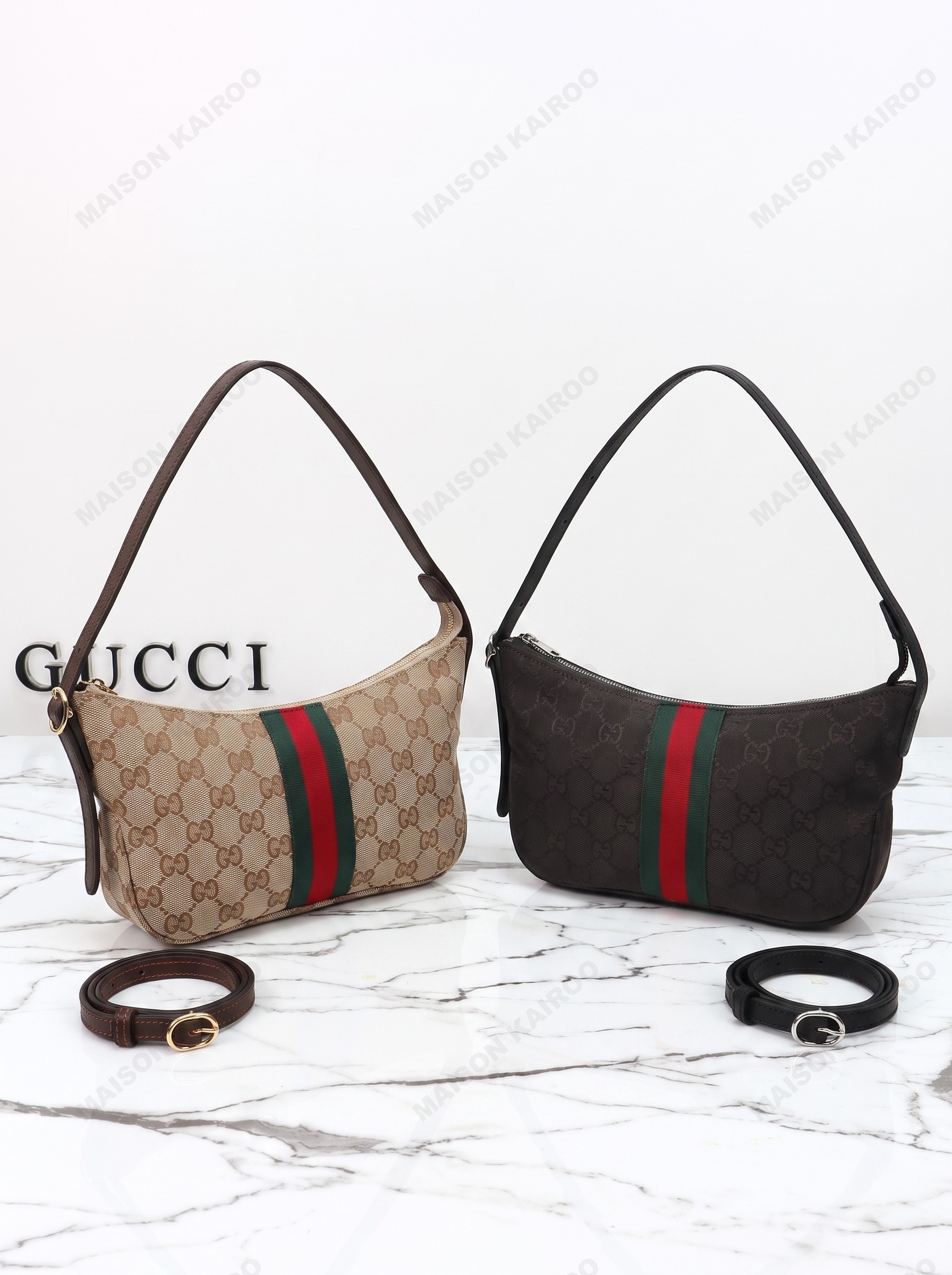 【10A】Gucci Small Lunetta Ophidia Classic GG Canvas Web Stripe Moon Hobo Shoulder Bag - KAIROO