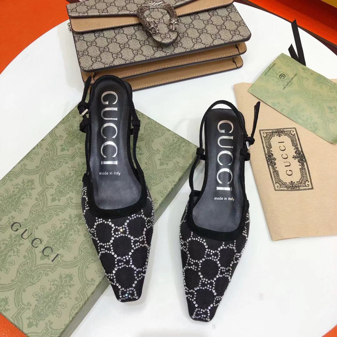 Gucci Crystal Mesh Upgraded Leather & Suede Trim Square Toe Slingback GG Kitten Heels Sandals - KAIROO
