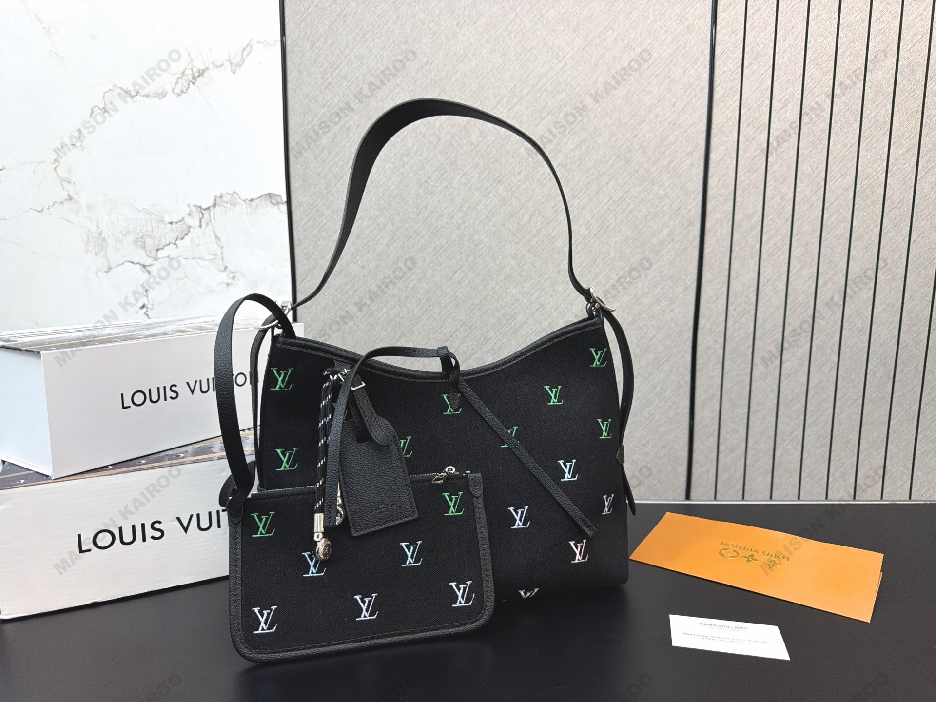 Louis Vuitton LV Carryall PM Black Denim Gradient Multicolor Embroidered Monogram Hobo Tote Shoulder Bag - KAIROO