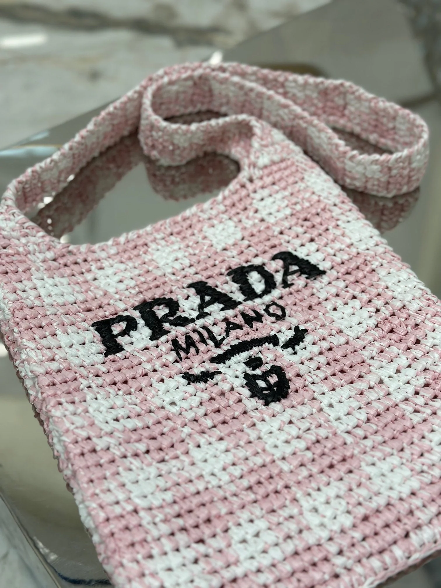 Prada SMALL TOTE BAG 29 IN PINK MIX WHITE AND BLACK WOVEN RAFFIA