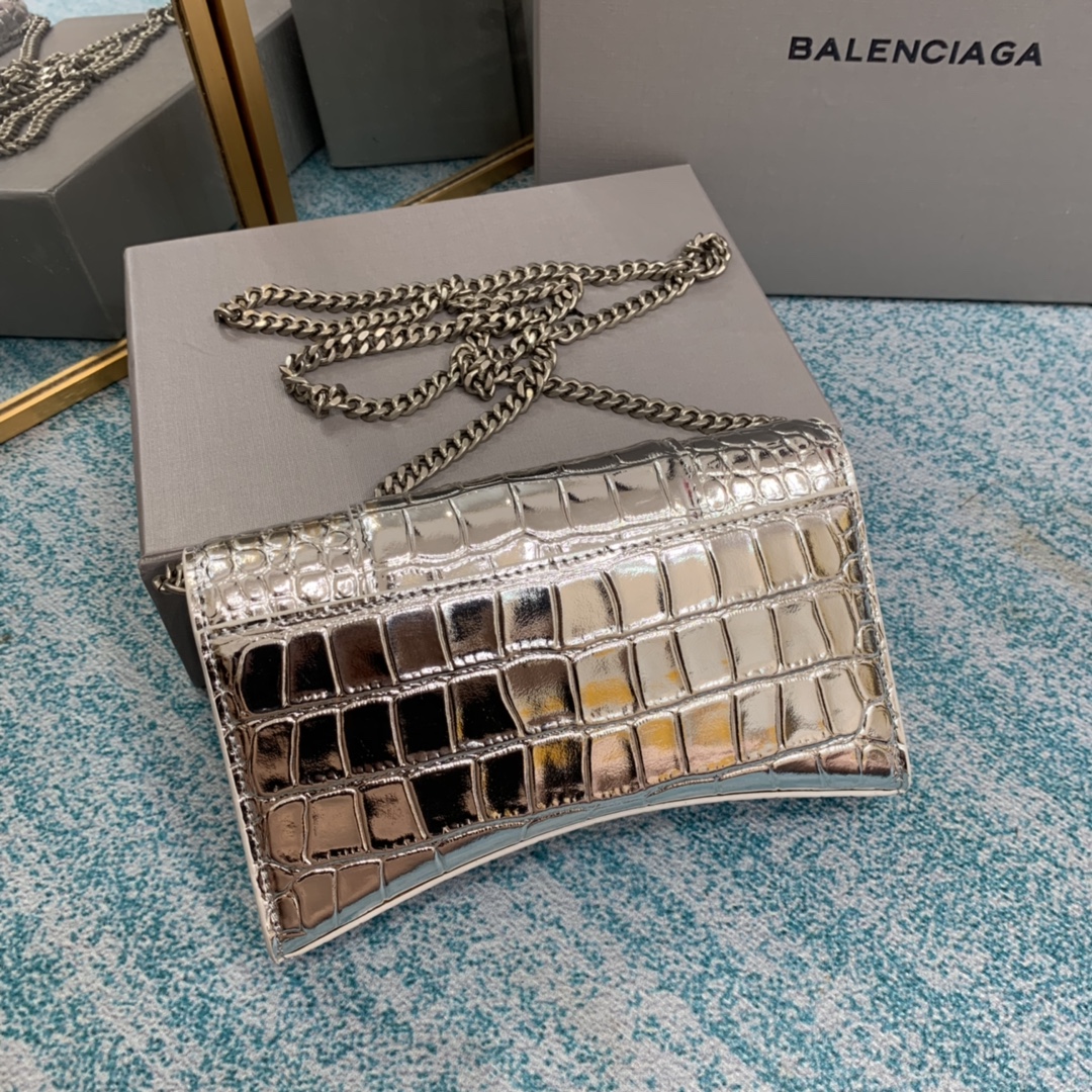 𝐁alenciaga Hourglass Wallet on Chain in Silver crocodile embossed calfskin