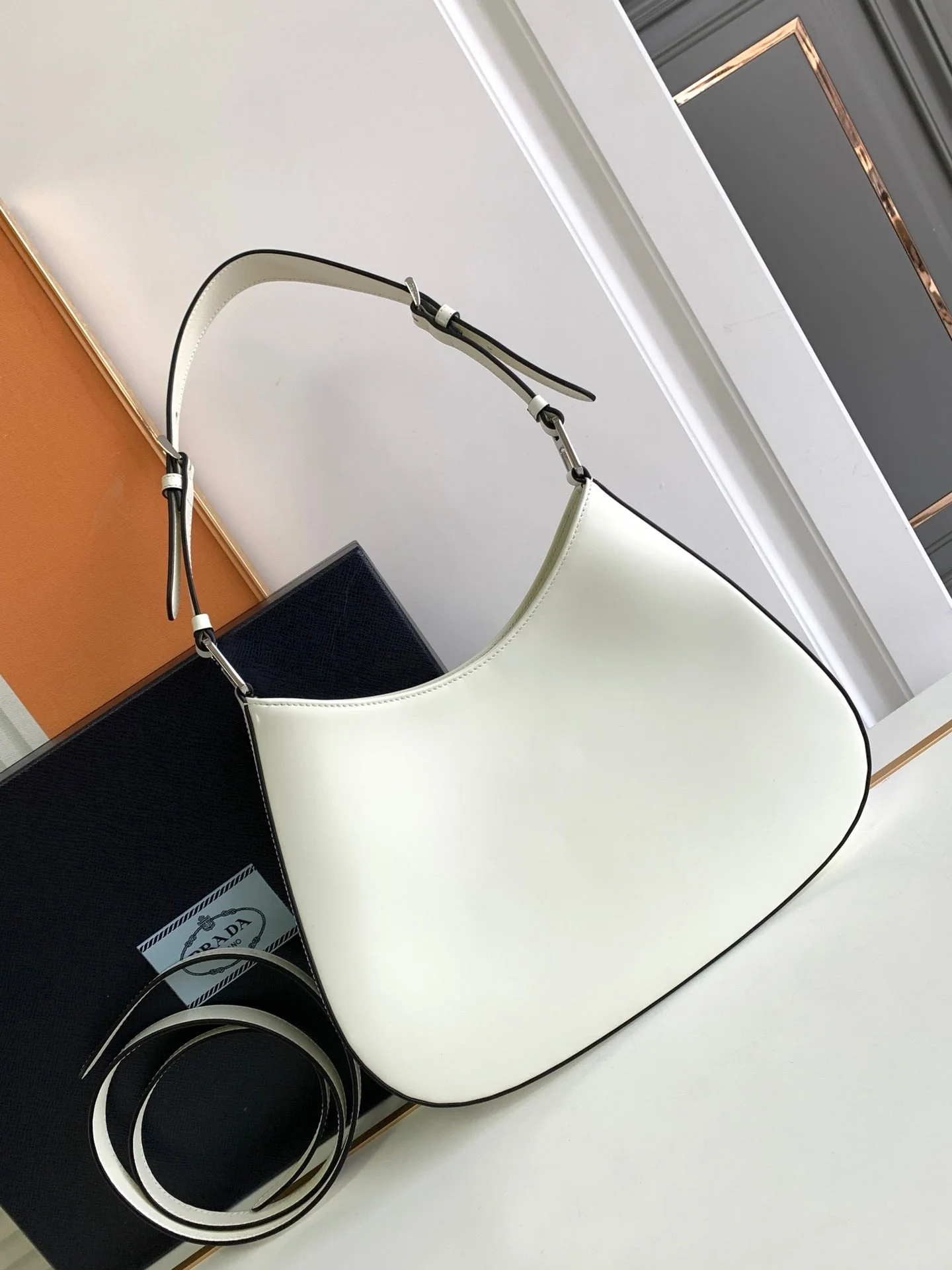 Prada CLEO 30 WHITE BLACK BRUSHED LEATHER SHOULDER BAG