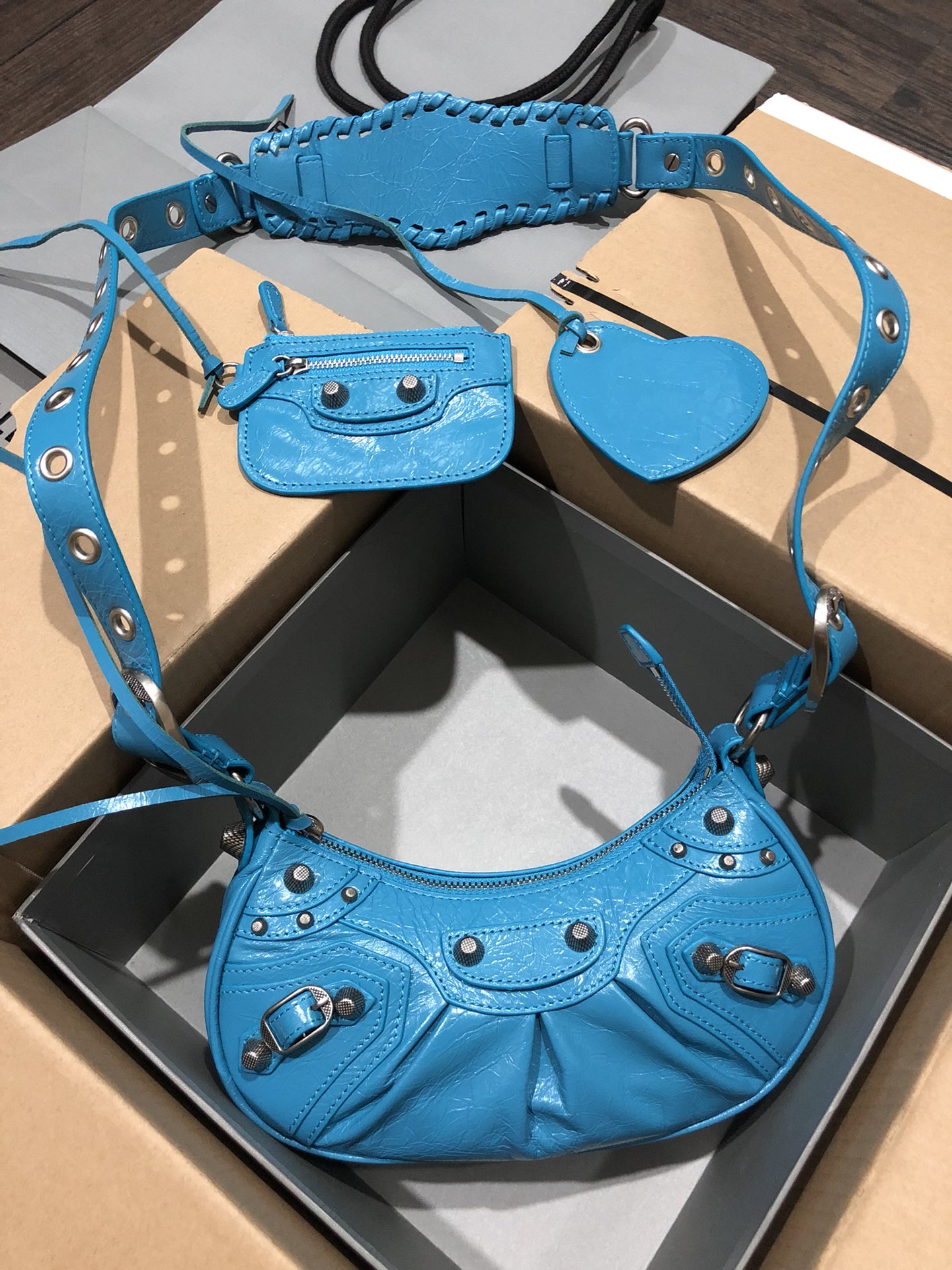 Balenciaga Le Cagole Blue Limited Crinkled Leather Studded Purse& Heart Mirror Charm Hobo Shoulder Bag - KAIROO