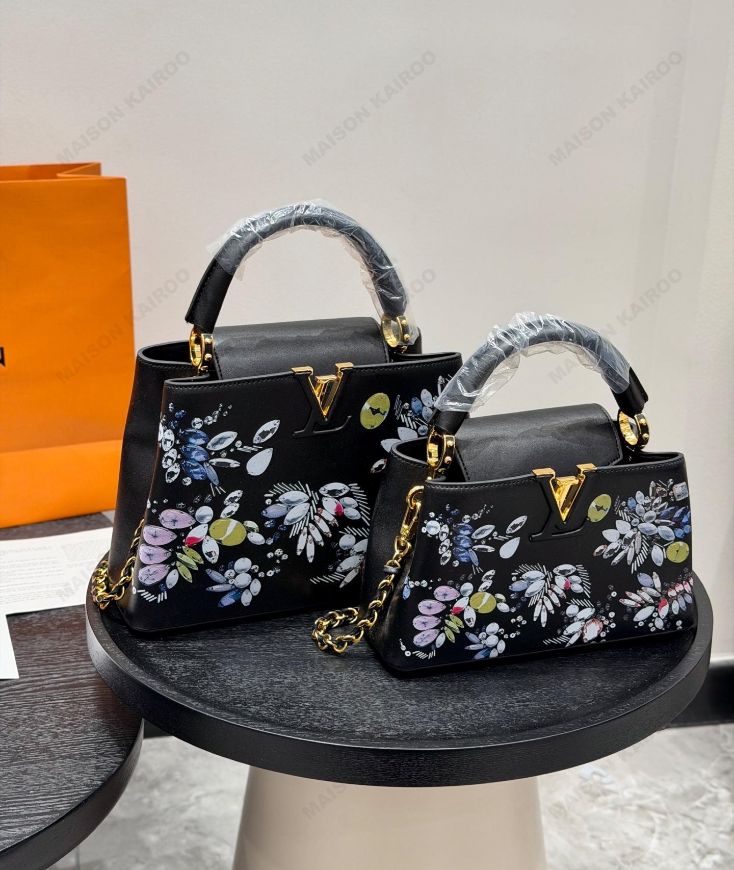 Louis Vuitton LV Capucines BB/East West Mini Black Crystal Jewels Motif Painted Leather Top Handle Bag - KAIROO