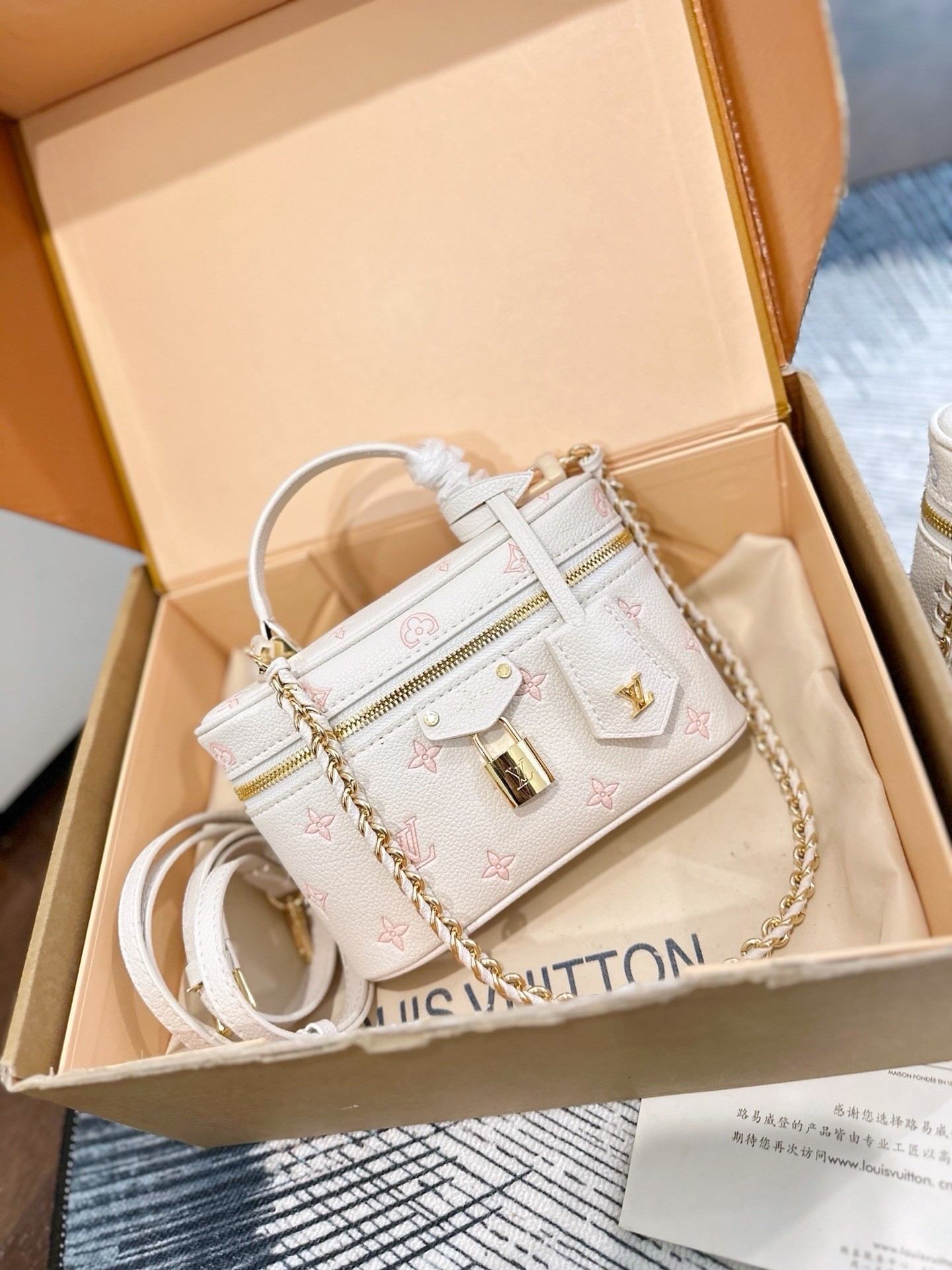 Louis Vuitton LV Mini Nice Vanity Cream Base Pink Embossed Monogram Crossbody Top Handle Bag - KAIROO