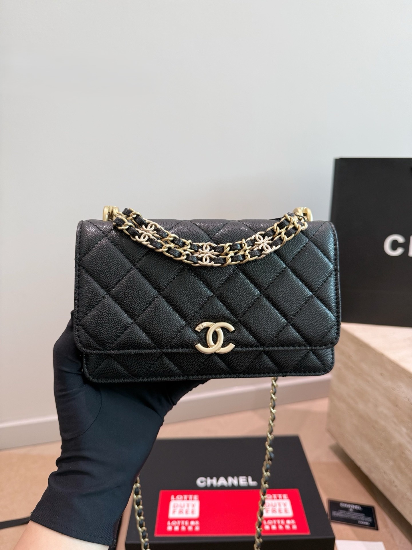 Chanel 25K WOC 19CM Mag Closure Caviar Quilted Flap Wallet On Chain CC Logo Strap Shoulder Bag - KAIROO