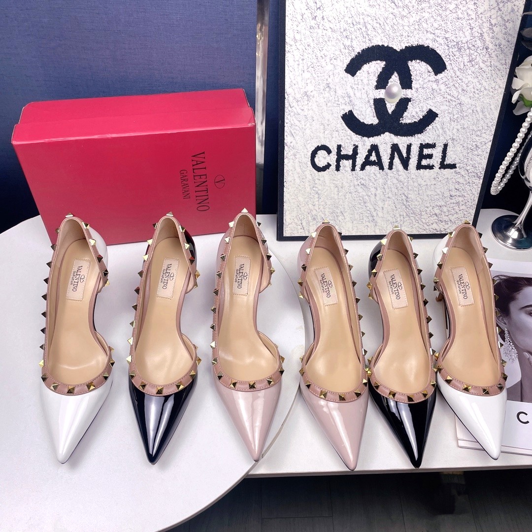 Valentino Garavani Rockstud Pointed Toe Pyramid Studded Patent Leather Slingback Pumps Heels - KAIROO