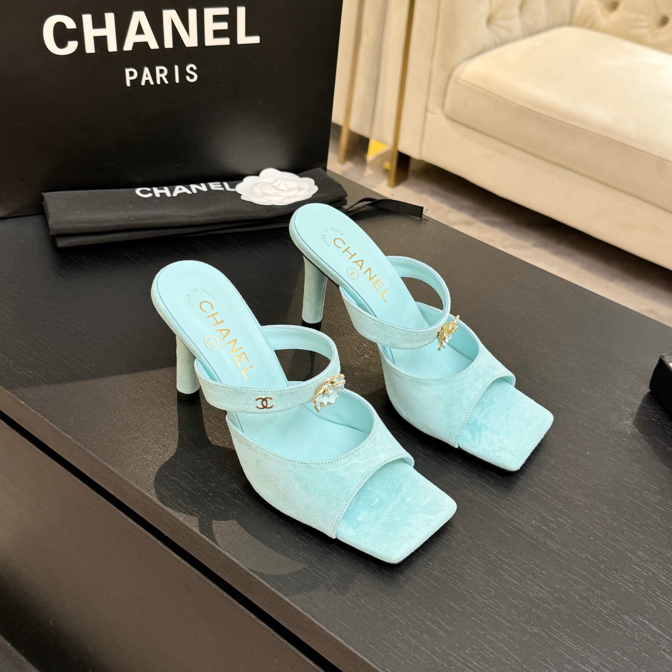 Chanel 26K Mint Green Camellia Buckle Suede Leather Square Toe Sandals Mules Heels - KAIROO