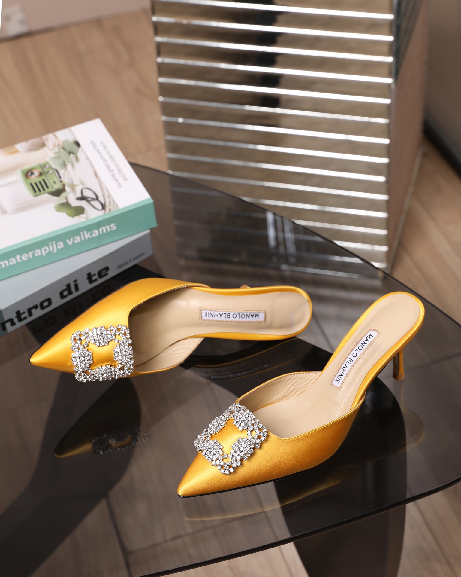 Manolo Blahnik Swarovski Crystal Satin Heeled Slide