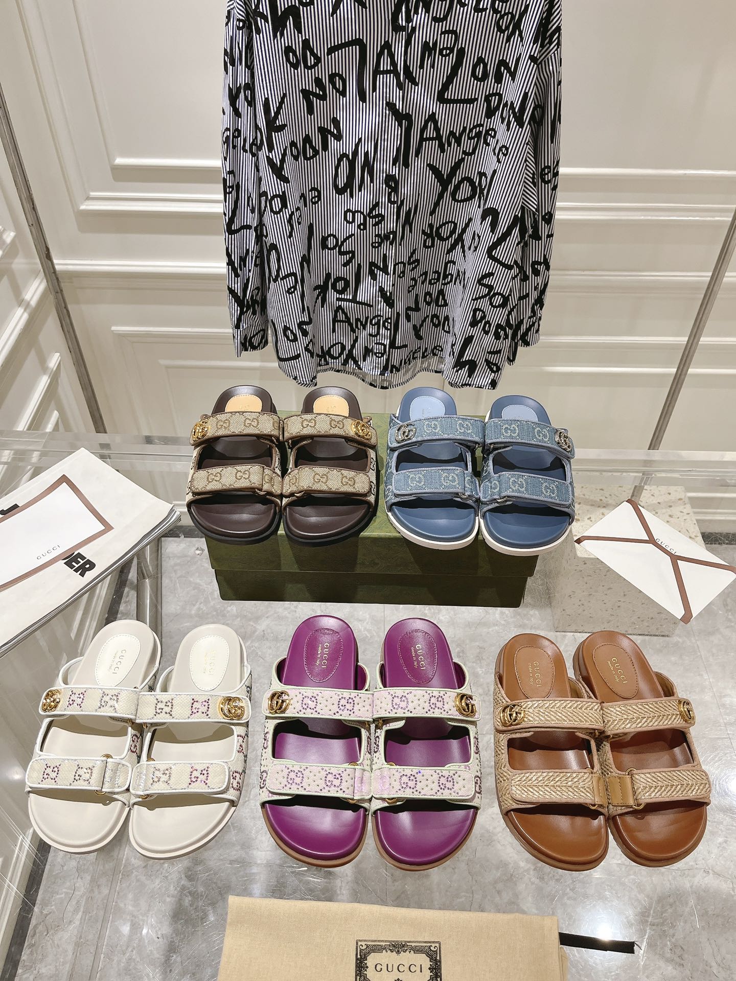 Gucci GG Monogram Strass Embroidered & Raffia Woven Double Strap TPU Platform Flat Slide Sandals - KAIROO