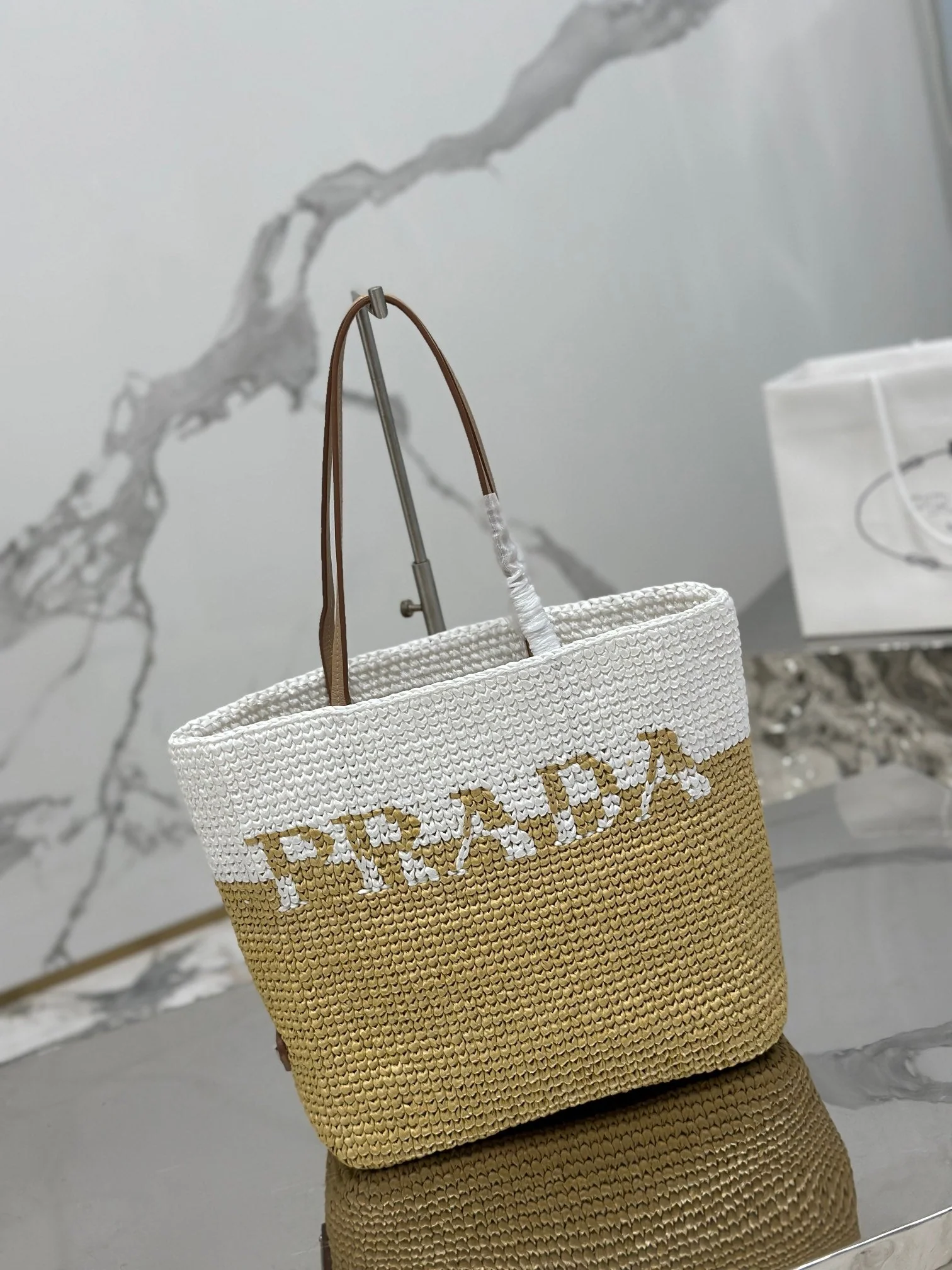 Prada SMALL TOTE BAG 27 IN WHITE MIX BEIGE RAFFIA AND BROWN CALFSKIN HANDLE