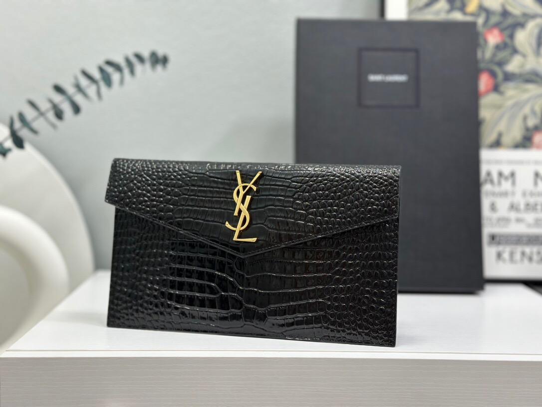 Saint Laurent YSL Uptown Crocodile-Embossed Leather Envelope Clutch bag