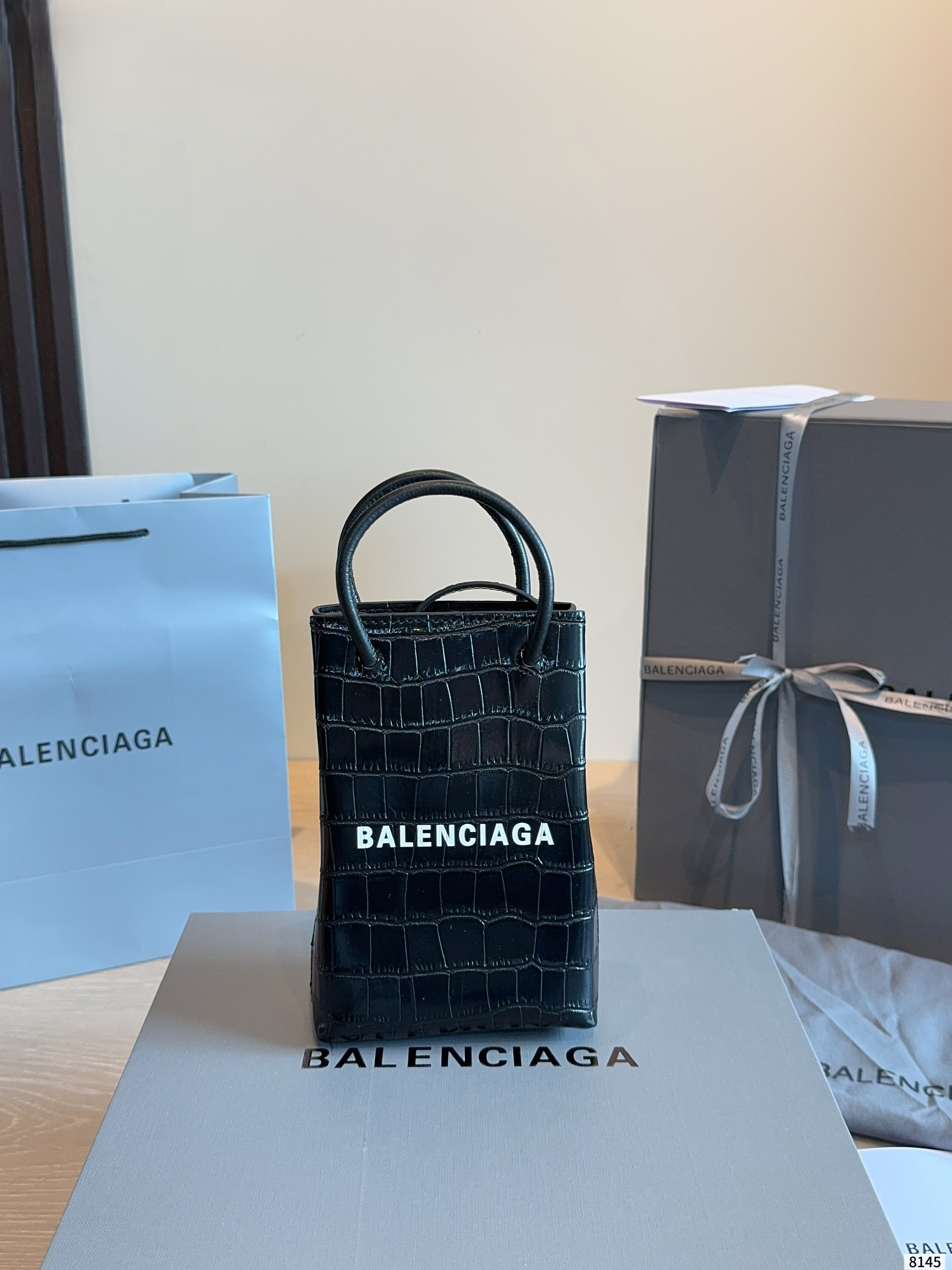 Balenciaga Mini Black Croc-Embossed Leather Phone Crossbody & Top Handle Tote Bag - KAIROO