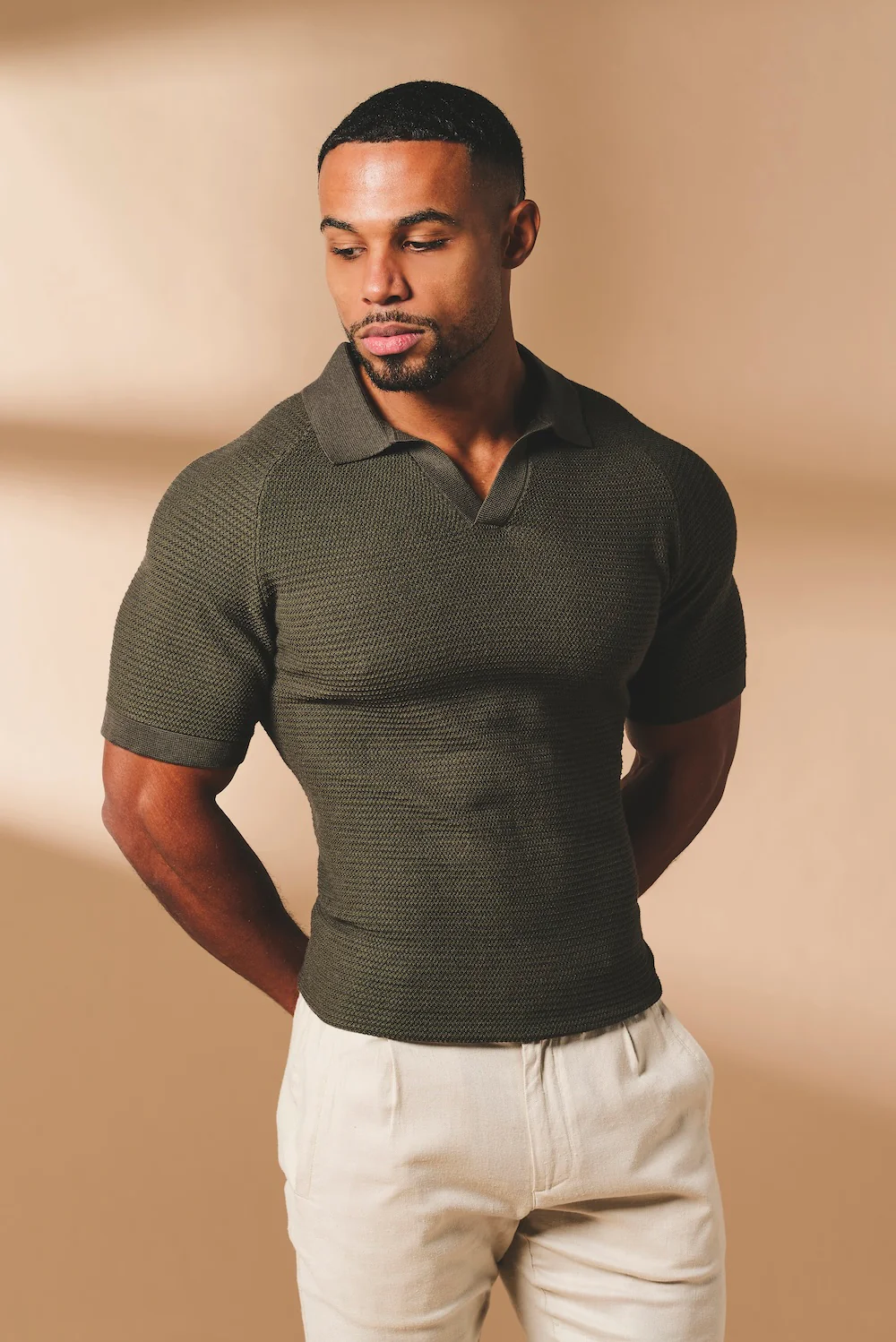 Textured Knitted Open Collar Polo Shirt in Dark Olive