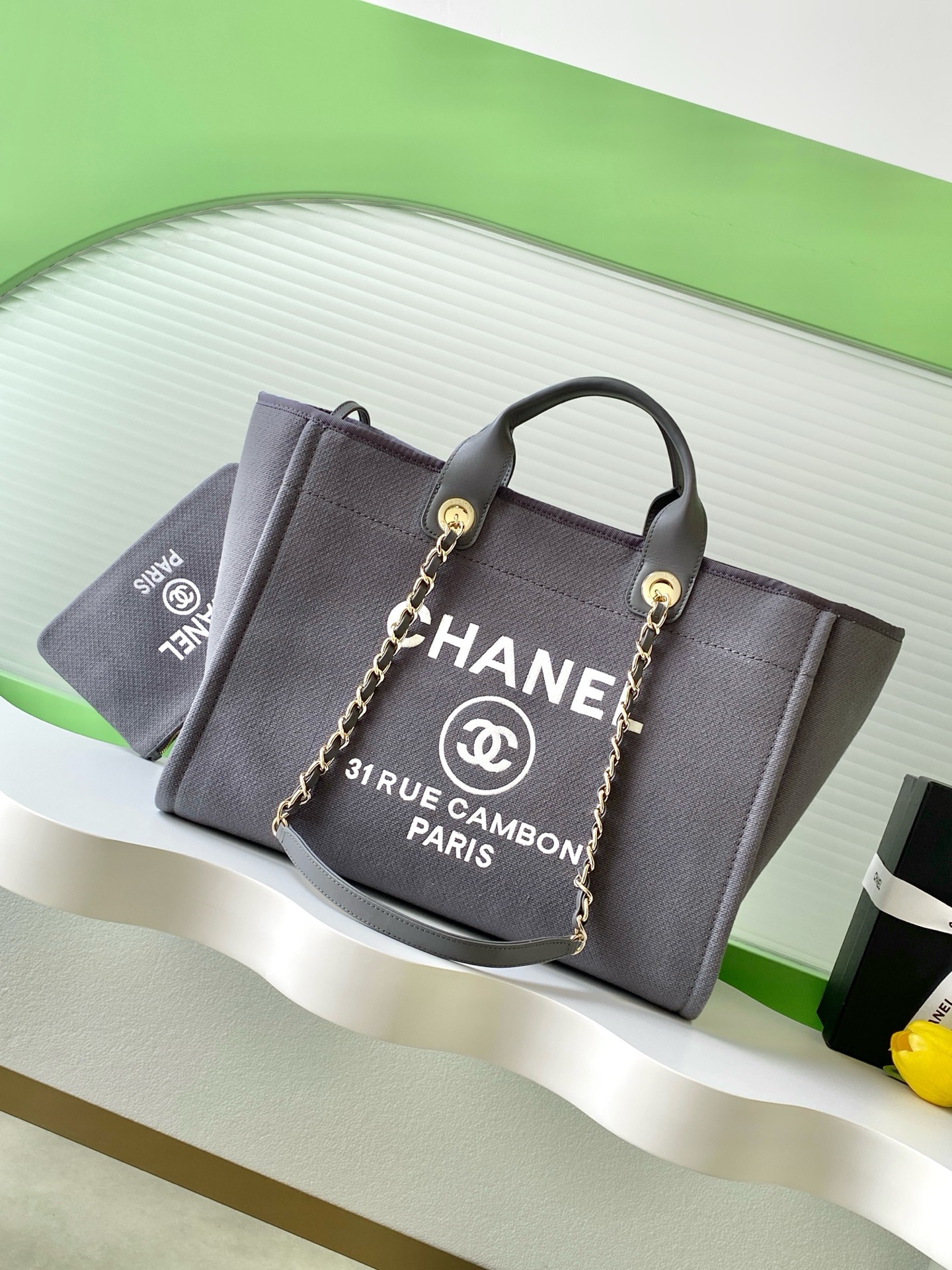 Chanel Large Tote Bag in Grey Canvas & Gold-Tone Metal
