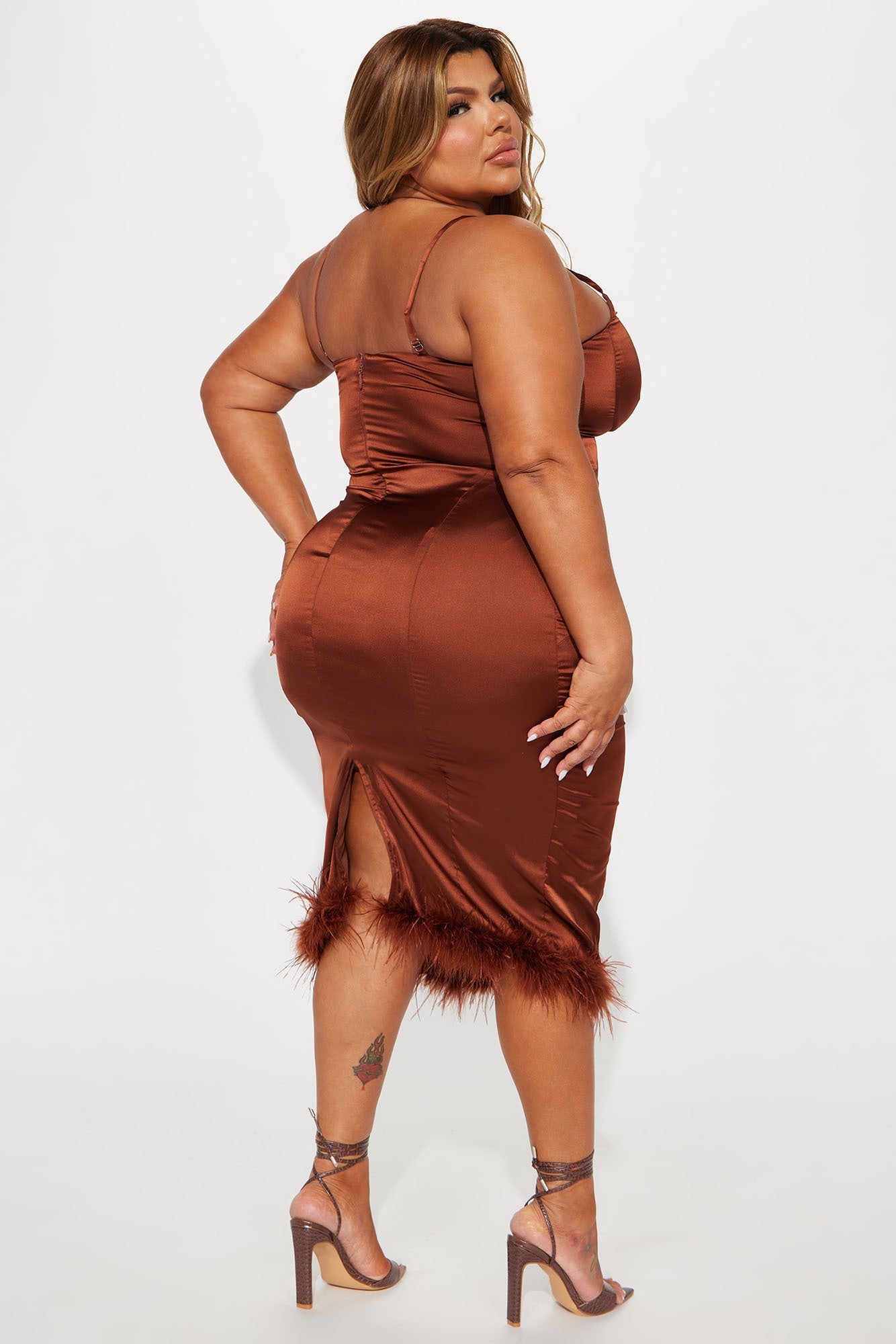 Freya Feather Midi Dress - Brown