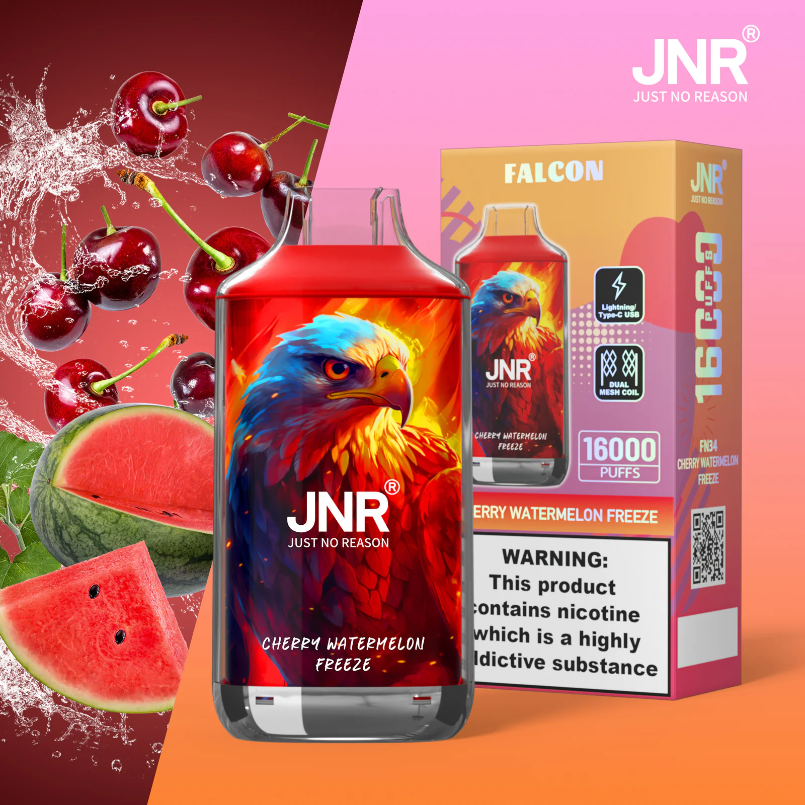 JNR Falcon 16K Rechargeable Disposable Vape – Cherry Watermelon Freeze