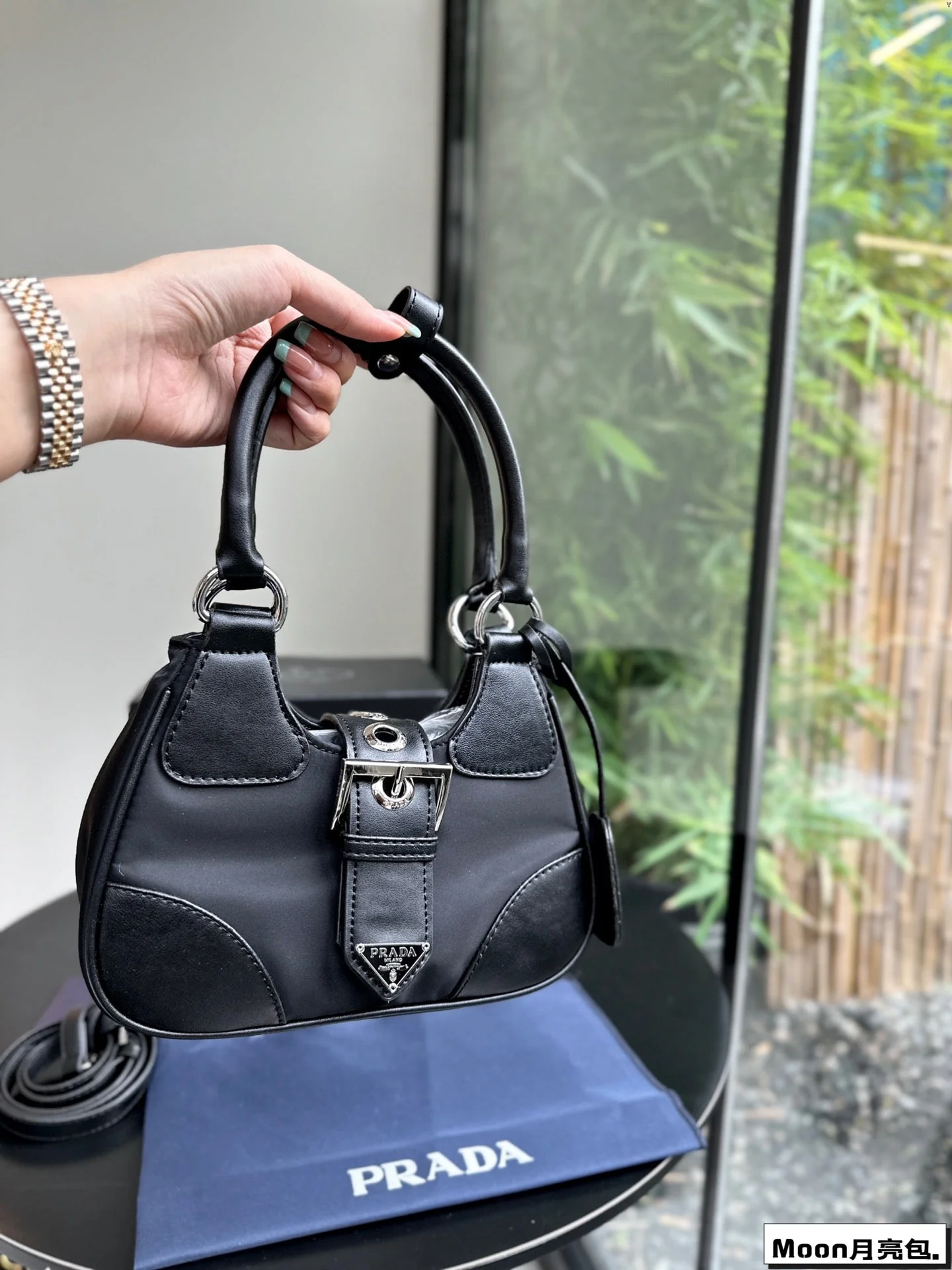 Prada 22 MOON PADDED BAG IN BLACK CALFSKIN WITH STRAP