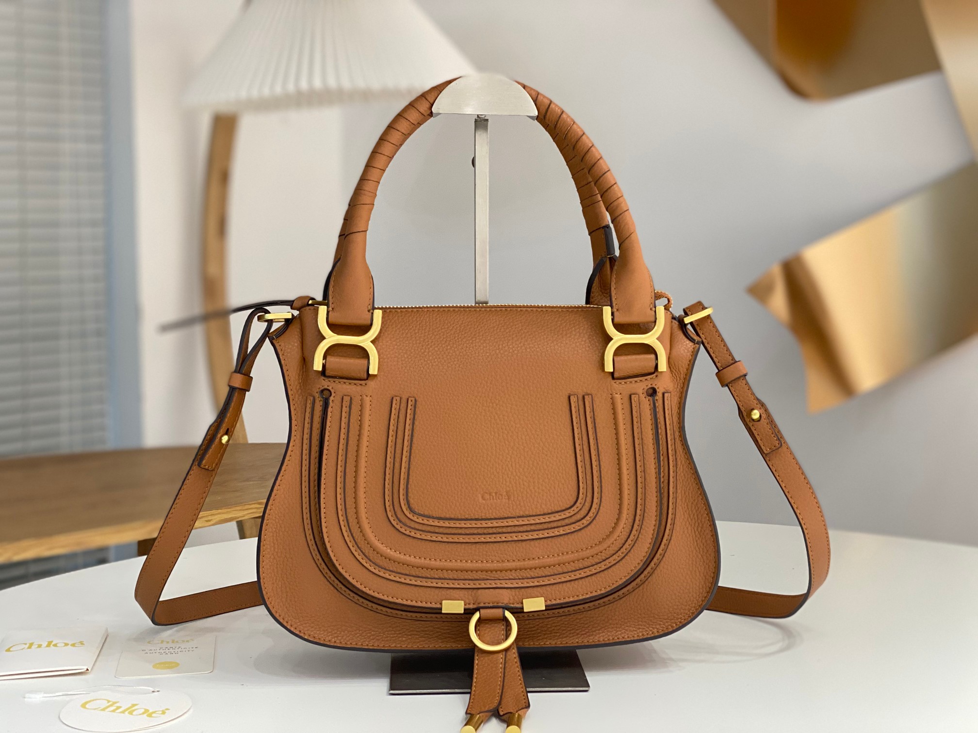 Chloe Small Marcie Bag in Grained Leather-Camel