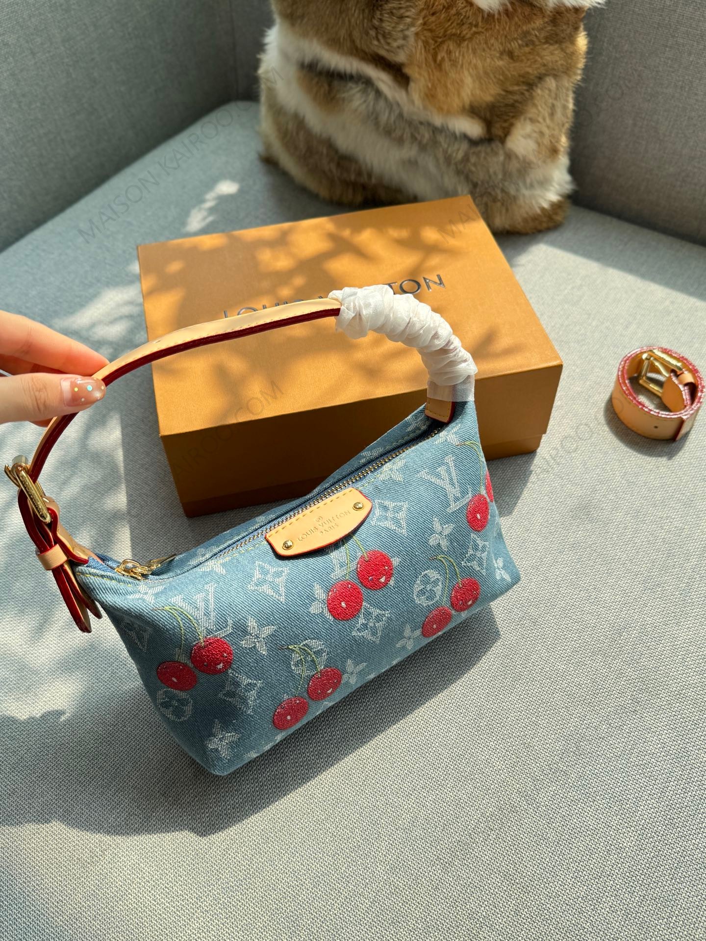 Louis Vuitton LV x TM Remix Pochette Hills Monogram Denim Cherries Leather Hobo Lunch Box Shoulder Bag - KAIROO