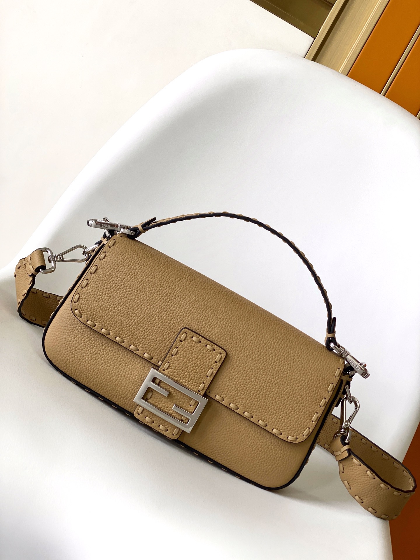 Fendi Medium Selleria Baguette Leather Bag-Beige