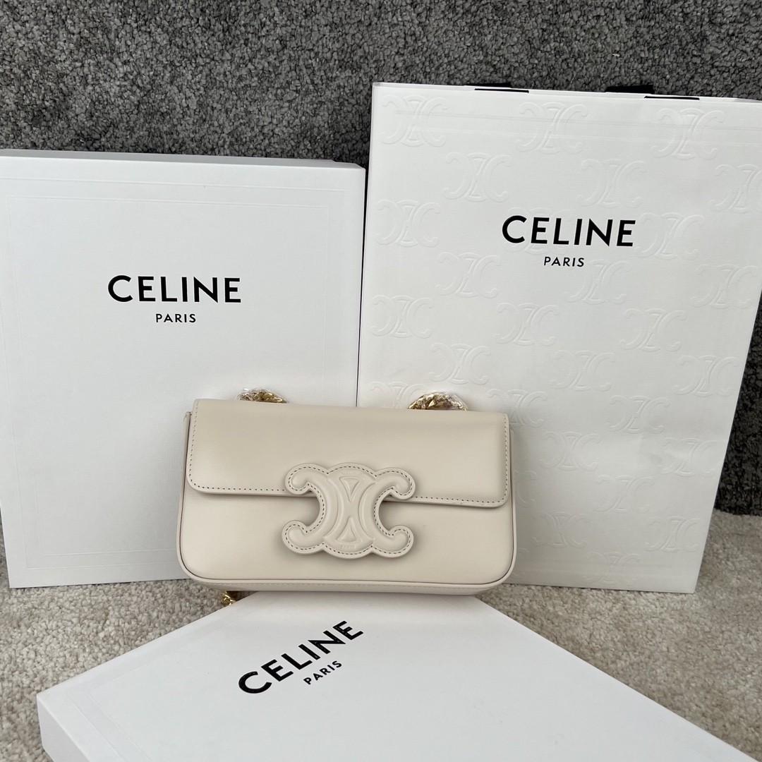 Celine Ivory& Black Shiny Calfskin Horizontal Long Leather Triomphe Patch Gold Chain Bag / 15A - KAIROO