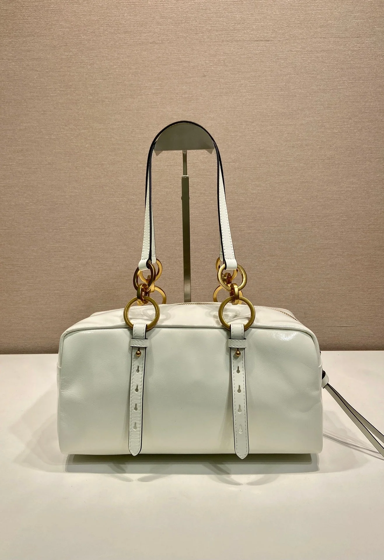 Prada LARGE RECTANGULAR BAG 30 IN WHITE OIL WAX LAMBSKIN GOLD HARDWARE