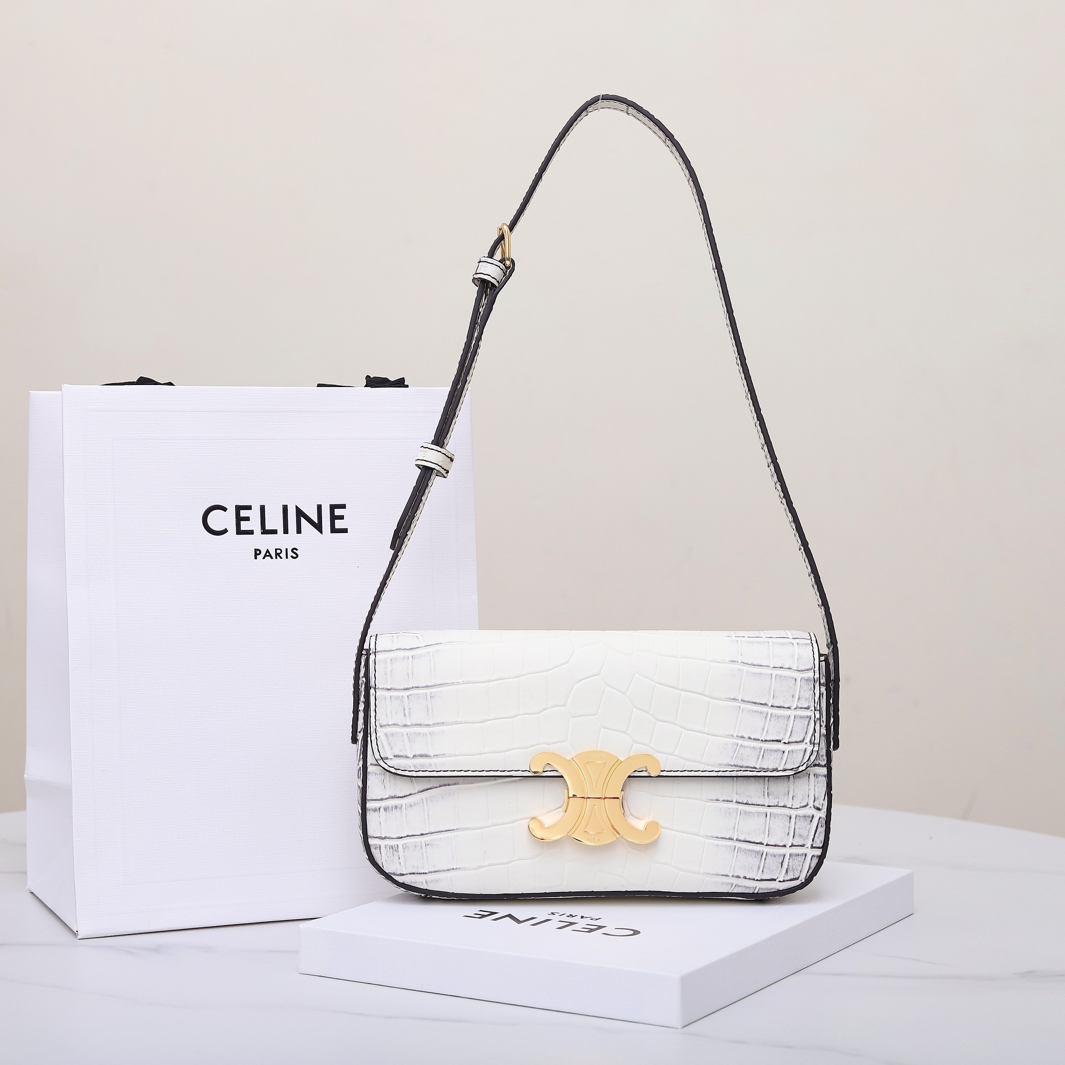 Celine Himalaya Crocodile Embossed Fine Leather Gold Triomphe Clasp Sleek Baguette Bag - KAIROO
