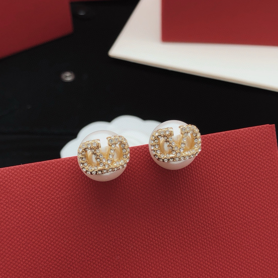 Valentino V-Shape Pave Diamond Pearl Stud Earrings