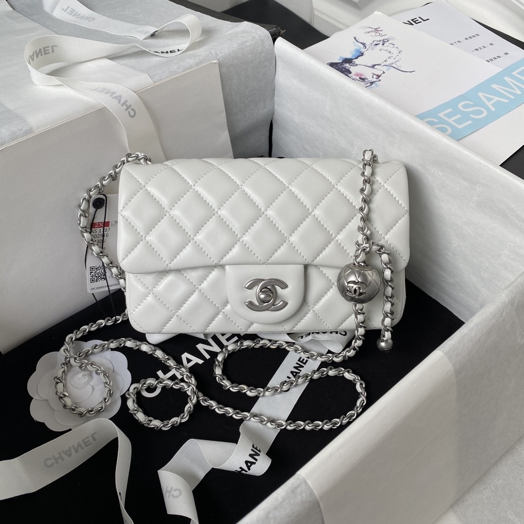 Chanel Mini CF 20CM Silver Ball Pearl Crush Quilted Leather Flap Chain Shoulder Bag /10A - KAIROO