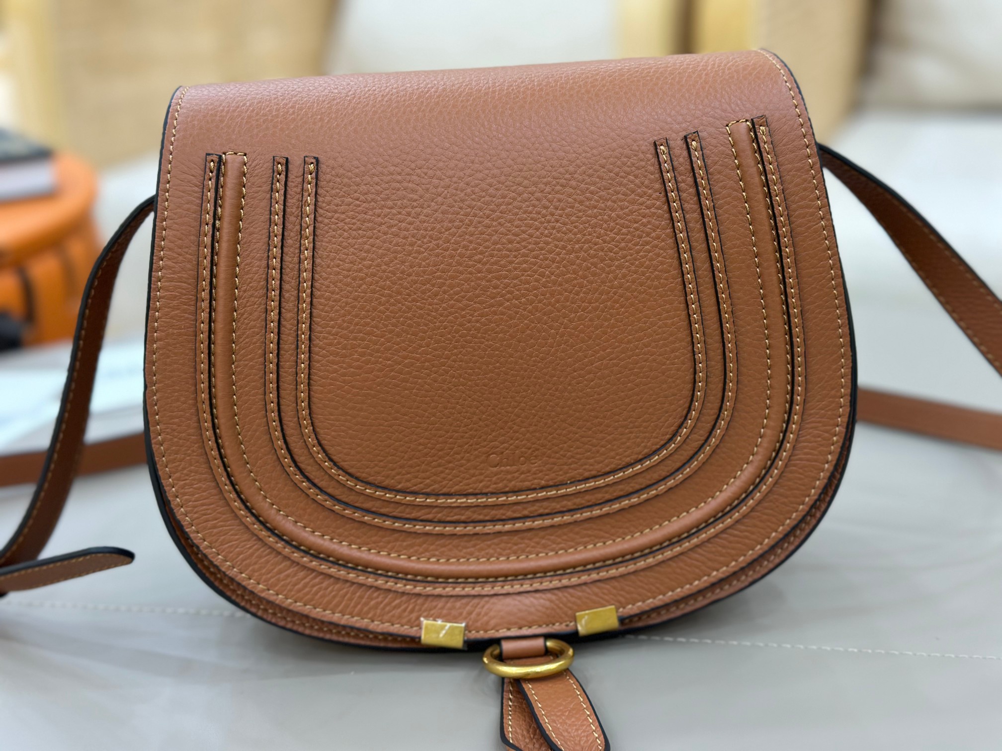 Chloe Marcie Saddle Bag in Grained Calfskin-Camel