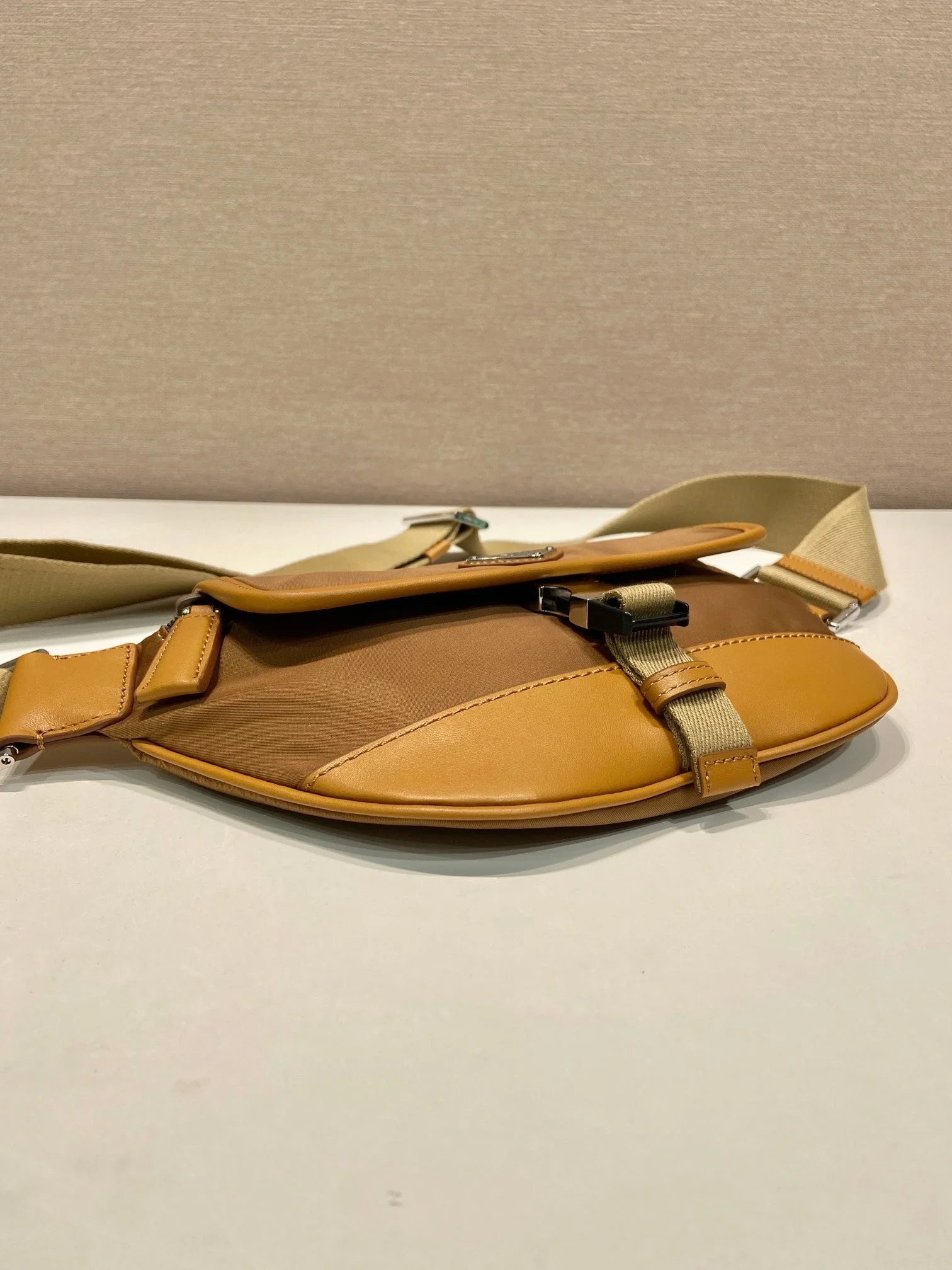 Prada BAG 18 IN SEPIA BROWN RE-NYLON AND CALFSKIN TRIM