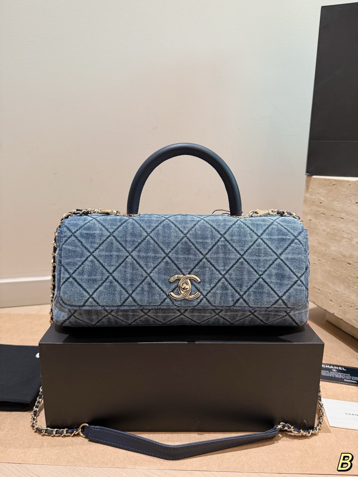 Chanel 26S East-West Coco Large 31CM Blue Denim Quilted Chain Handle Flap Bag - KAIROO