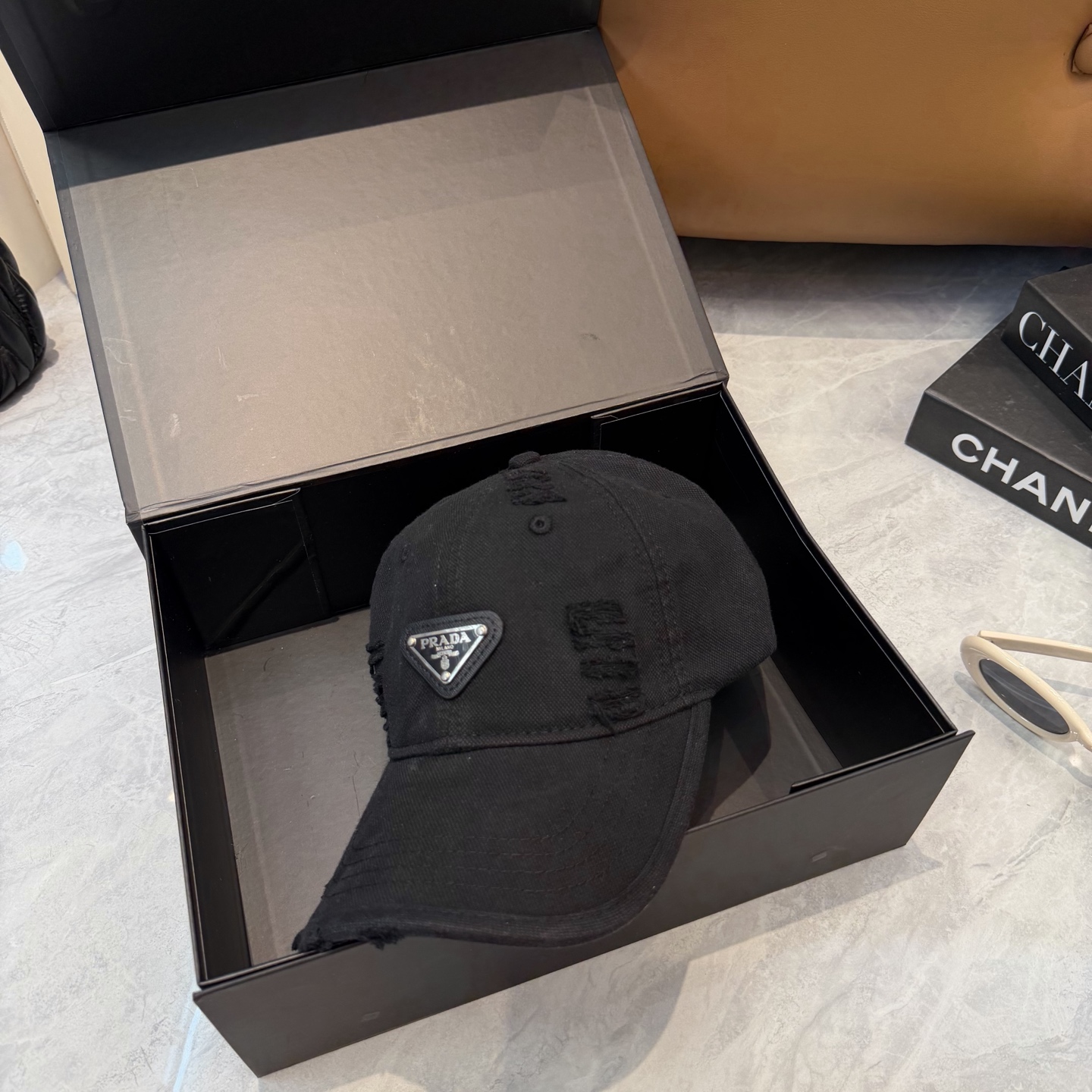 Prada Distressed Denim Cotton Baseball Cap Hat With Enamel Triangle Logo - KAIROO
