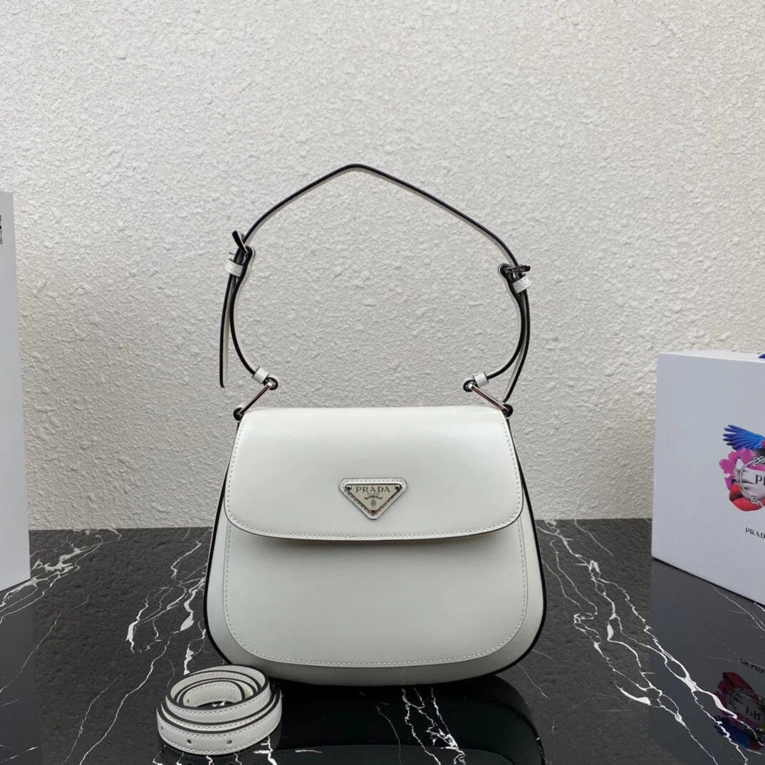 Prada CLEO 24 WHITE BLACK BRUSHED LEATHER SHOULDER BAG