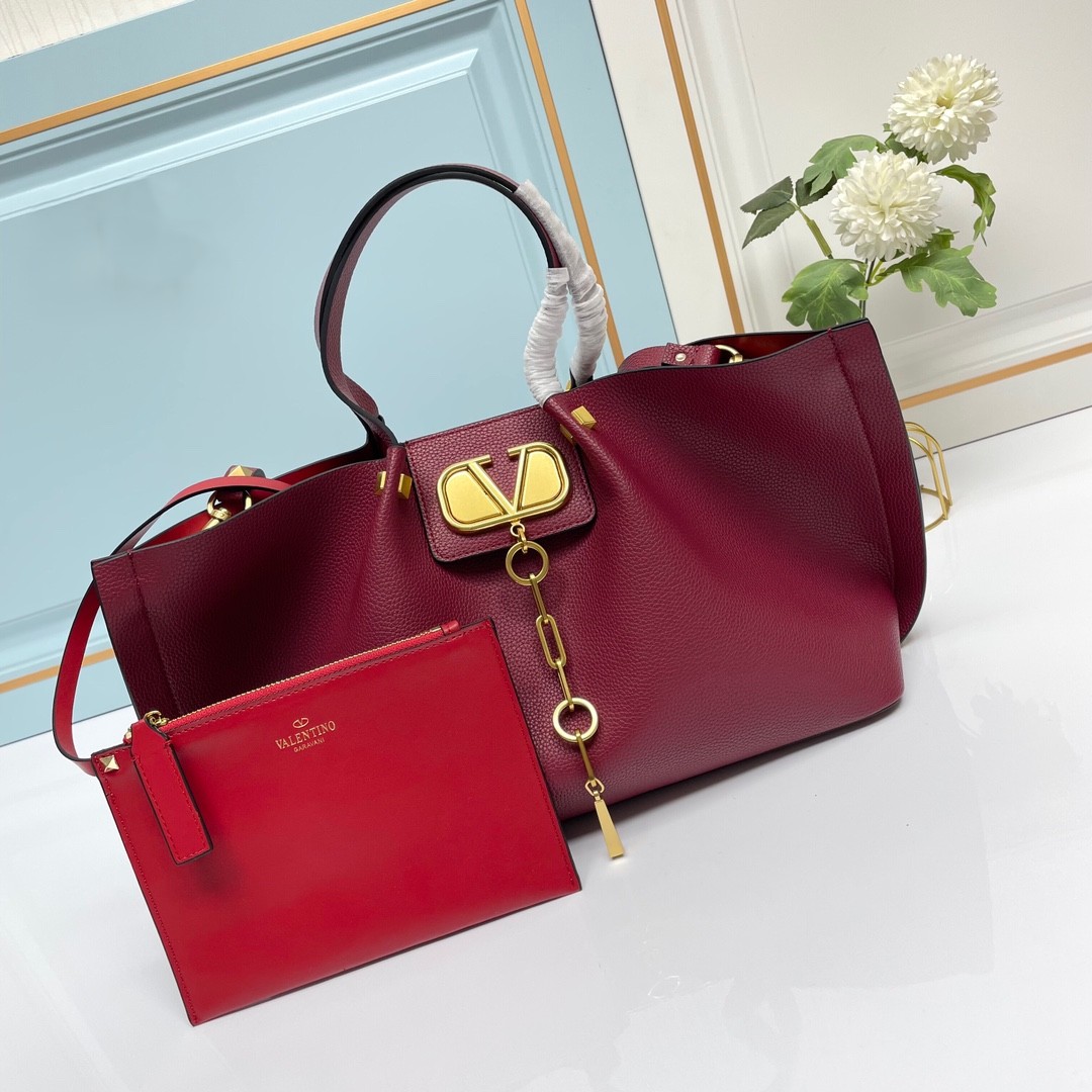 Valentino VLogo Bordeaux/Rosso Garavani Escape Grained Leather Gold Chain Tassel Shopping Tote Bag With Pouch - KAIROO