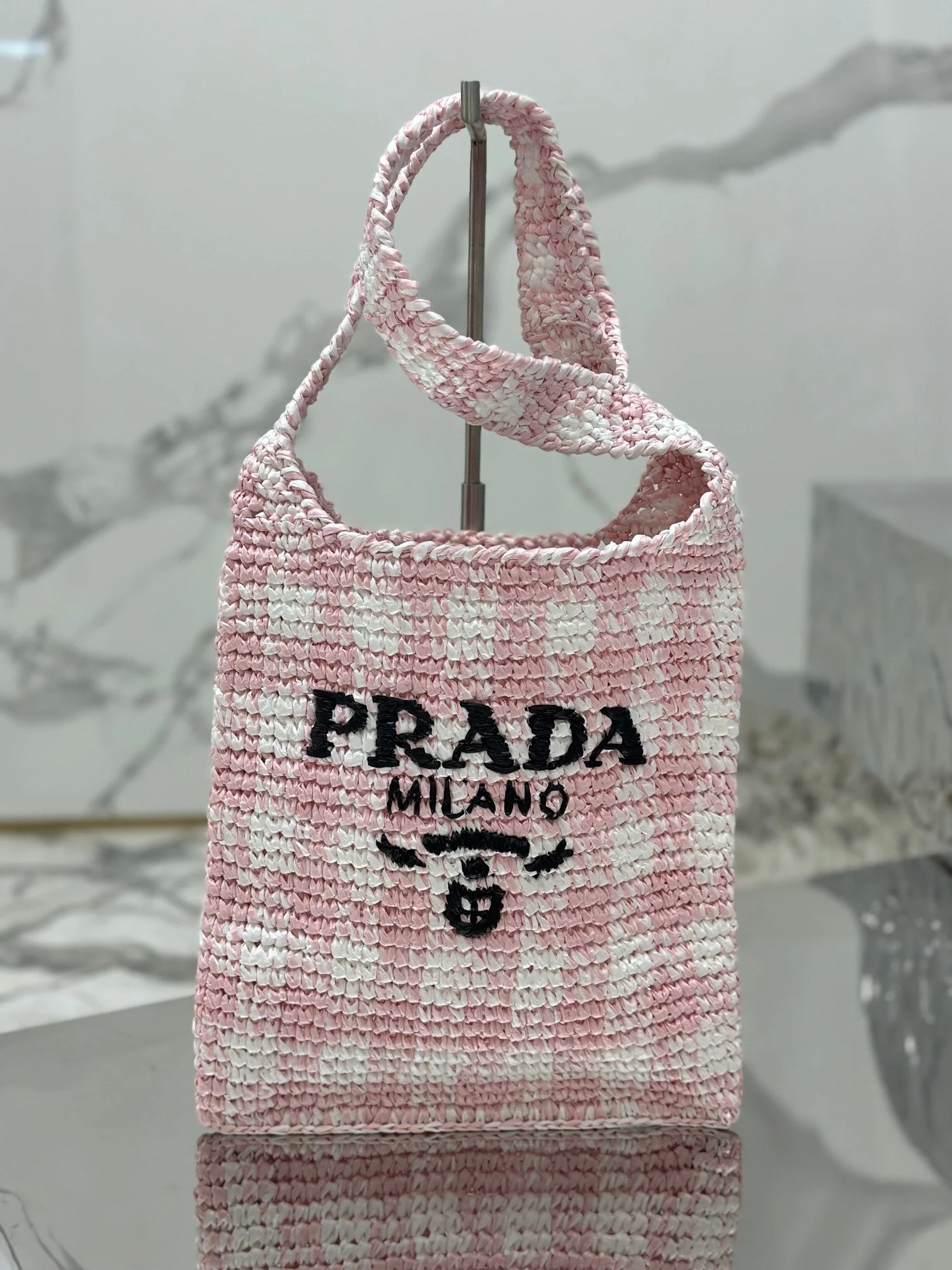 Prada SMALL TOTE BAG 29 IN PINK MIX WHITE AND BLACK WOVEN RAFFIA