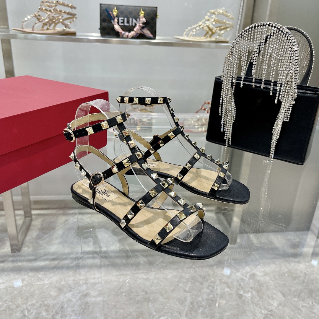 Valentino Rockstud Black Leather Cage Triple Buckle Multi-Strap Studded Flat Sandals - KAIROO