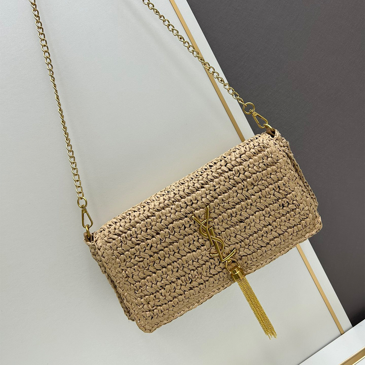 Saint Laurent YSL Kate 99 Shoulder Bag Dark Nude Raffia