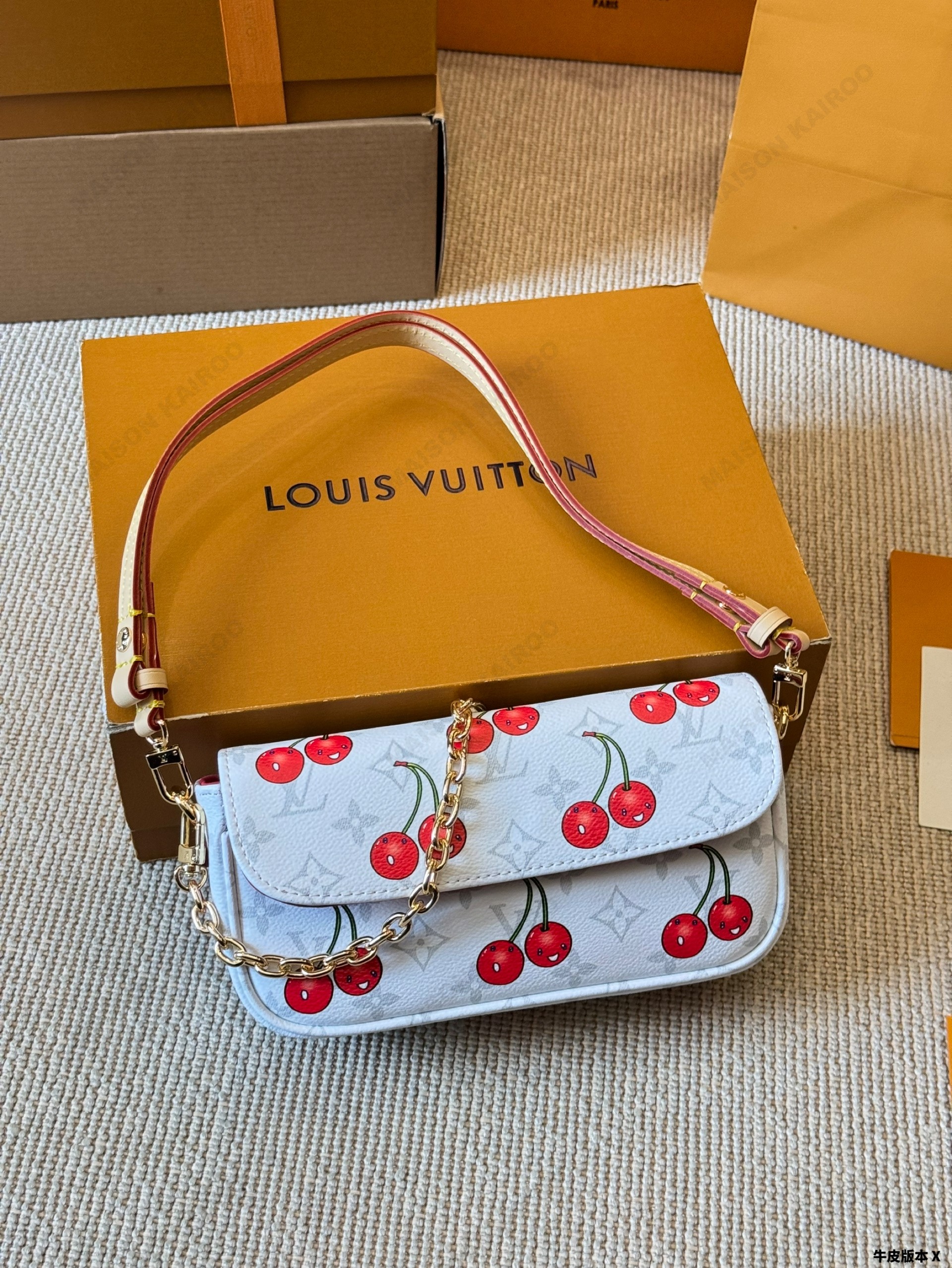 Louis Vuitton LV x TM Ivy WOC White Monogram Cherry Print Coated Canvas Leather Baguette Hobo Shoulder Bag - KAIROO