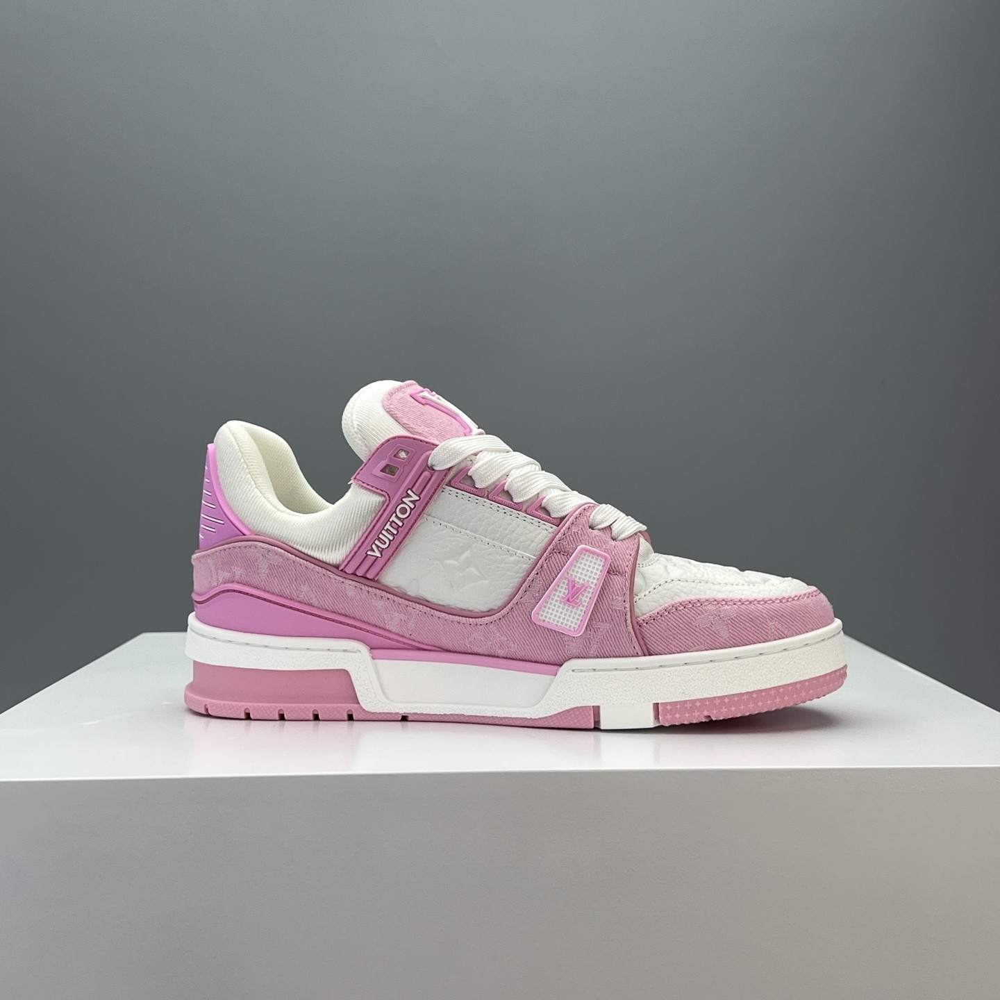 Louis Vuitton Monogram Jacquard Denim Pink Embossed Leather Trainer Skate Sneakers - KAIROO
