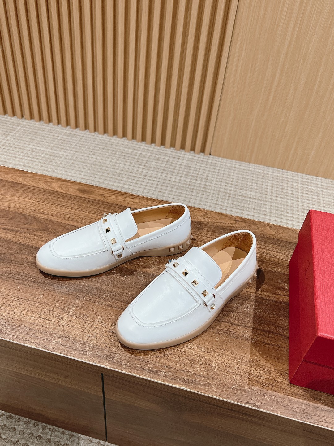Valentino Garavani White Smooth Leather Gold Rockstud Untitled Strap Rubber Sole Loafers - KAIROO